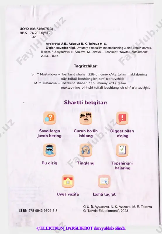 lda harakatlana boshlabdi. shunda hamma svetoforlarga rahmat aytibdi. ularning yo‘lning bir chekkasida, indamasdan odamlarga uzzukun yordami tegayotganini barcha his qilibdi. @elektron_darslikbot dan yuklab olindi. 1. uchta svetofor nimadan charchagan edi? 2. nima uchun svetoforlar arazladi? 3. haydovchi va piyodalarning chorrahadagi harakatlarini qanday baholaysiz? 4. siz nima deb 0‘ylaysiz, svetofor arazlab to‘g‘ri ish qildimi? 5. shu svetoforlar turgan chorrahada siz bo'lib qolsangiz, qanday harakatlanar edingiz? matnni qismlarga boling. har bir qismi uchun alohida sarlavha qo'ying. hikoya matnidan nohaqlik, noqulaylik, uzzukun so‘zlari ishtirok etgan gaplarni topib o'qing. bu so'zlarni ma’nodoshlari bilan o'zgartirib, gaplarni qayta o'qing. topishmoqlarning javobini toping. yo'lni kesib o'tishda yordam berar yo‘l-yo‘l chiziq. @elektron_darslikbot dan yuklab olindi. 1-mavzu arazchi svetofor ustma-ust uchta chiroq, ko‘zlariga sergak boq. harakatni kuzatar, xatolarni tuzatar. turli rang-u shaklda, turadi yo‘l chetida. tartib-qoida mujassam, sodiq do‘stdir har joyda. buyuk britaniyaning london shahrida “svetofor-daraxt” bor. bu ajoyib daraxt o‘z shoxlaridan 75 ta svetoforga joy bergan. har bir …
