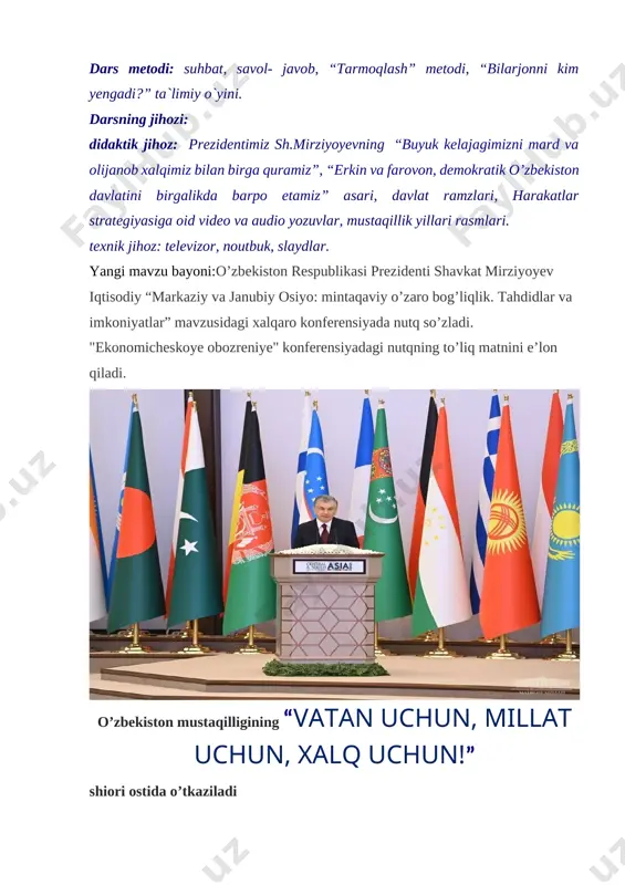 uchun yashaylik!”, “eng ulug‘, eng aziz” kabi anʼanaviy ko‘rik-tanlovlarni yuqori darajada o‘tkazishga masʼul bo‘ladi. shuningdek, mamlakat istiqlolini tarannum etuvchi eng yaxshi qo‘shiq va musiqa asarlari tanlovlarining yakuniy bosqichi o‘tkaziladi. 2022—2026-yillarga mo’ljallangan yangi o’zbekistonning taraqqiyot strategiyasini amalga oshirish, erishilgan yutuqlarni mustahkamlab, tub islohot jarayonlarini yangi bosqichga ko’tarish, inson huquq va manfaatlari, uning qadri, sha’ni va g’ururini yetakchi o’ringa olib chiqish ustuvor vazifamizga aylangan hozirgi vaqtda yurtimizda tinchlik va barqarorlikni saqlash, davlatimizning hududiy yaxlitligi va bo’linmasligi, sarhadlarimiz daxlsizligini ta’minlash, millatlararo totuvlik, diniy bag’rikenglik va hamjihatlikni mustahkamlashga intilish ko’p millatli xalqimizni yanada birlashtiradigan, yuksak marralarga safarbar etadigan beqiyos kuchga aylanib bormoqda”, – deyiladi qonun matnida. [image: ] · uchun keyingi ming yillikka nazar tashlansa bas. · mustaqillikka erishganimizga ham 34 yil bo’ldi. mustaqilligimizning keyingi yillarida mamlakatimizda qanday ishlar amalga oshirildi. bu yillar zamirida nimalar yotibdi. “obod mahalla”, “har bir oila – tadbirkor”, “yoshlar – kelajagimiz”, “besh ijobiy tashabbus” kabi mos rasmlar ilib qo’yiladi …