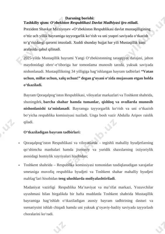 ’matlaridan bahramand bo‘ldik. istiqlol tufayli unutilayotgan ma’naviy qadriyatlarimizni tik-ladik. bugun siz bilan “ vatan uchun, millat uchun, xalq uchun! ” mavzusida fikrlashamiz, uning porloq kelajagi to‘g’risidagi bilimlarimizni boyitamiz. o‘qituvchi: har bir inson o‘z ona vatanining o‘tmishini, bugungi taraqqiyotini bilishi va uning kelajagi yanada porloq bo‘lishi uchun men nima qilishim lozim, degan savolni o‘ziga berishi kerak. kelinglar, bu savollarga birgalikda javob izlaymiz. menda bir taklif bor. unga ko‘ra har bir o‘quvchi o‘z istaklarini do‘stlari bilan o‘rtoqlashadi va birgalikda vatanimizning yaqin o‘tmishi, hozirgi kuni, kelajagi haqida fikrlari, o‘y – xayollari haqida suhbatlashadi. “tilak ” mashqi o‘tkaziladi. bunda o‘quvchilar aylanma shaklda turib, yonidagi sherigiga “men sizga chin yurakdan (baxt,taxt,omad, xush kayfiyat) tilayman”, deydi. sinfdagi barcha o‘quvchilar o‘z sheriklariga tilaklarini bildiradi. “soat mashqi” bunda o‘quvchilar bir-ikki-uchga sanalib, ikkilar bir qadam oldinga,uchlar bir qadam orqaga chiqadi.sinf uch guruhga ajratib olinadi. ular o‘qituvchi belgilagan muddatda qo‘llarini bir – biriga urgunga qadar sheriklariga vatan,o‘zbekiston davlati,davlat ramzlari haqida …
