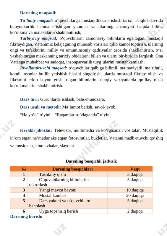 aratildi. yorug‘ va shinam o‘quv xonalari, sport inshootlari, ijod markazlari barpo etildi. yoshlar bu imkoniyatlardan foydalanib, o‘z iqtidorlarini ro‘yobga chiqarishlari mumkin. o‘zbekiston bayrog‘i, gerbi, madhiyasi va konstitutsiyasi mustaqilligimizning asosiy belgilaridir. hozirgi “yangi o‘zbekiston” – yangi imoratlar, yangiliklar, zamonaviy texnika va qurilishlar, umumiy qilib aytganda, yosharib, go‘zallashib, dunyoga bo‘y-bastini ko‘rsatayotgan yashil zamin demakdir. shu qatorda qadimiy qadamjolarimiz, buyuk ajdodlarimizning tabarruk nomlari qayta tiklandi, yurtimiz jahonga yuz tutdi. istiqlol tufayli yurtimizning har bir go‘shasi, hatto eng chekka qishloqlari ham bunyodkorlik, obodonchilik, ulkan qurilish ishlari natijasida o‘zgacha qiyofa kasb etdi. yosh avlodga nisbatan g‘amxo‘rlik, e’tibor kuchaydi. (slayd yoki videorolik taqdim etiladi) mustahkamlash: berilgan ma’lumotni mustahkamlash maqsadida yuqorida shakllantirilgan jamoalarga “zinapoyalar”metodini qo‘llagan holda quyidagicha topshiriq beriladi: sadoqat imkoniyat yangilanish ona tuproq vatan qaysi jamoa tez va to‘g‘ri bajarsa, ana shu guruh vakillari g‘olib bo‘ladilar hamda rag‘bat kartochkalari beriladi. [image: ]uyga vazifa: o‘tilganlarni takrorlab, vatan haqida 5 tadan maqol yod olish. [image: ][image: ] image3.jpeg …