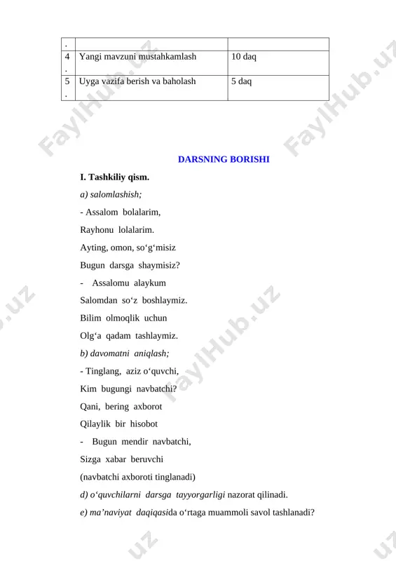 zmalari qo‘yiladi, o‘quvchilar misollarni bajarib, har bir rasmga tegishli sonlarni ostidan yozib qo‘yadilar. [image: ] [image: ] topshiriqqa xulosa qilinadi. o‘qituvchi: o‘zbekiston respublikasi konstitutsiyasi qachon qabul qilingan? o‘quvchilar: 1992 - yil 8 - dekabrda o‘qituvchi: 1992 - yil 9 - dekabrda esa yana bir qonun qabul qilingan. bu haqida 2-topshiriqda bilib olishingiz mumkin. (tabiatni asrash to‘g‘risida videorolik namoyish qilib beriladi: https://t.me/ustoz_0307/18616) [image: ]yechim: 2023 - 1992 = 31 javob: 31 yil bo‘lgan. 3-misolni bajarishda “matematik diktant”dan foydalaniladi. dastlab misoldagi amallar ketma-ketligi birgalikda aniqlab olinadi. [image: ] keyin diktant andozasi tarqatilib, ushbu misollar diktant tarzida bajartiriladi. matematik diktant 7 5 6 9 2 4 7 6 5 1 6 2 4 9 5 2 1 2 8 0 5 6 8 5 0 5 2 3 5 5 8 0 0 4 5 6 0 5 0 4 2 9 5 0 0 1 2 1 0 3 1 6 6 …