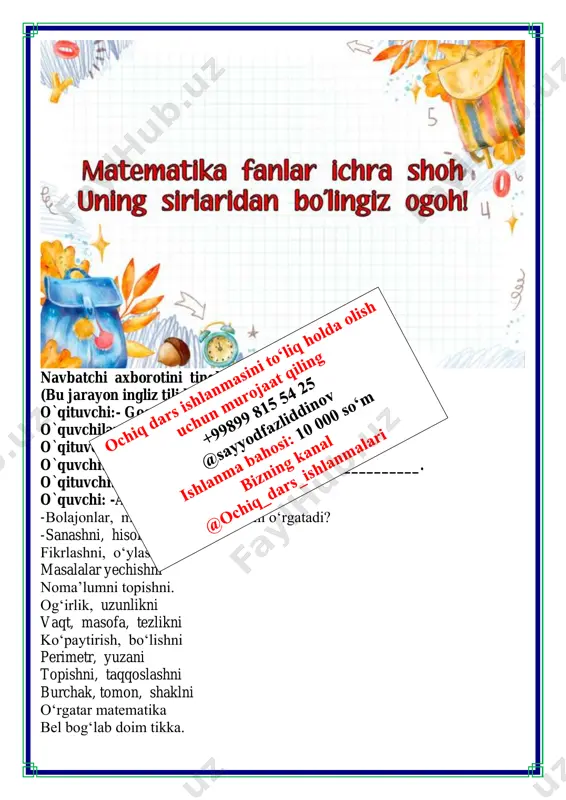 va ad ab va dc lm va kn kl va nm perpendikular chiziqlar bular kesishib burchaklarni hosil qilgan chiziqlardir yani har bir burchakda kesishgan chiziqlar perpendikular chiziqlar 4. uzunligi 10 cm bo'lgan gorizontal ab kesma yasang. uning o'rtasida o nuqtani belgilang. o nuqtadan perpendikular to'g'ri chiziq o'tkazing. bu to'g'ri chiziqni qanday o'tkazganingizni tushuntirib bering. 5. to'g'ri to'rtburchakning ichiga bir xil radiusli doiralar joylashtirilgan. har bir doiraning radiusi 2 cm. bu to'g'ri to'rtburchakning tomonlari va perimetrini toping. doiraning diametrini topamiz 2 + 2=4 doira diametri 4 sm to’rtburchak uzunligini topish uchun 3 ta doiraning diametrini qo’shamiz 4 + 4 + 4 =12 cm bo’yini topish uchun 2 ta doirani qo’shamiz 4 + 4 =8 cm perimetrini topamiz p=(8 + 12) • 2=40 cm 6. qo'shiqchilik tanlovida 75 kishi qatnashyapti. ularning uchdan bir qismi musiqa maktabida o'qiydi, qolganlari esa havaskor qo'shiqchilar. tanlovda havaskorlar professional qo'shiqchilardan necha marta ko'p? 75 : 3 = …
