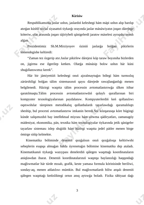 arayatında ǵárezsiz túrde iskerlik kórsete alıwǵa informaciya aǵımınan aqılǵa say paydalanıwǵa úyretiwden ibarat bolıp esaplanadı. onıń ushın olarǵa úzliksiz túrde ózbetinshe islew múmkinshiligi hám sharayatın jaratıp beriw zárúr. kurs jumısınıń ámeliy áhmiyeti: “kinematika bóliminde grafikalıq máselelerdi sheshiw” processin oqıtıwda, zerigerli sabaqlar ornına sabaqlardı shólkemlestiriwge juwapkershilik penen qaraytuǵın, kásiplik bilgir, metodikalıq uqıpǵa iye, juwapkerli, zamanagóy, interaktiv pedagogikalıq texnologiyanı jetik ózlestirip alǵan, innovaciyalar tiykarında tálimdi payda ete alatuǵın oqıtıwshılarǵa talap asıp barıp atır. tálimde materiallıq baza, standart, oqıw jobalar, programma hám sabaqlıqlar qanshelli rawajlandırılmasın, kutilgen tiykarǵı nátiyjege erisiw, tereń hám puxta bilim beriw, joqarı sapa daǵı ózlestiriwge erisiw tikkeley teoriyalıq hám ámeliy shınıǵıwlardı alıp baratuǵın oqıtıwshınıń dóretiwshiligi, izleniwshiligi, ilmiy tájriybesine pedagogikalıq uqıbına baylanıslı bolıp qalaberedi. kurs jumısınıń aktuallılıǵı: kinematika bóliminde grafikalıq máselelerdi sheshiw quramalı process bolıp onıń túsinikli bolıwın tamiynlewde zamanagóy pedagogikalıq texnologiya hám interaktiv metodlardan paydalanıw házirgi kún tálim beriw procesiniń aktual mashqalası esaplanadı. i.tiykarǵı bólim ii. 1. tuwrı sızıqlı teń …