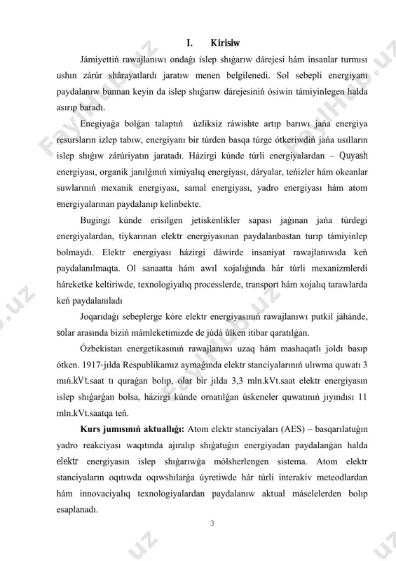 uw astı hám suw ústi kreyserlerin qurmaqta. tınısh turmısımızda atom energiyasınan paydalı qazılmalardı izlewde de paydalanılmaqta. sonday-aq awıl xojalıǵında, medicina hám biologiyada hámde kosmostı izertlewde de keń qollanılmaqta. solar menen bir qatarda atom energiyası atom elektr stanciyalarında elektr energiyanı islep shıǵarıwda da paydalanılmaqta. bunday stanciyalarda uran yadrosınıń bóleklerge bóliniwi nátiyjesinde payda bolıwshı energiya aldın ala gaz yaki puwdıń jıllılıq energiyasına hám keyin elektr energiyasına aylandıradı. uran yadrosınıń bóliniwi onı neytronlar jardeminde bombardirovka qılıw nátiyjesinde ámelge asırılıp, payda bolıwshı túrlishe massalı yadro bólekleri, neytronlar hám basqa bólekleniwshi deneler hár tárepke júda úlken tezlikte atıladı hám úlken kinetik energiyaǵa iye boladı. yadronıń bólekleniwinde payda bolıwshı energiya derlik tolıq jıllılıq energiyasına aylantırıladı. basqarılatuǵın yadro shınjır reakciyası júz beretuǵın qurılma yadro reaktorı dep ataladı. uran yadrosınıń bóliniwi. 1938–1939-jılları nemis fizikleri o.gan hám f.shtrasmanlar neytron menen bombalanǵan uran yadrosı eki (geyde úsh) bólekke bóliniwi hám bunda úlken muǵdarda energiya bólinip shıǵatuǵının anıqladı. bul bóliniwde dáwirli …