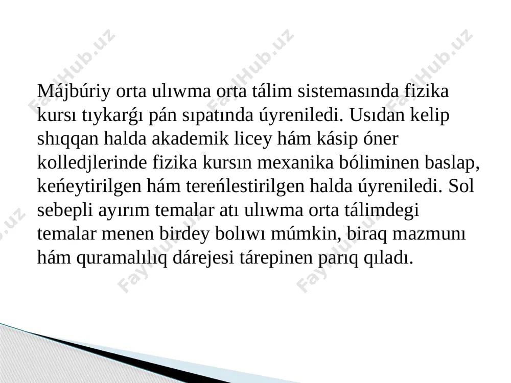 eń. oqıwshı2,5 km/saat tezlik penen júrse, mektepke neshe minutta jetip baradı? motocikldiń tezligi 72 km/saat, onıń qozǵalısına qarsı esip turǵan samaldıń tezligi bolsa 5 m/s. motociklge salıstırǵanda samaldıń tezligi qansha? samal motocikldıń qozǵalısınıń baǵıtında bolǵanda-she? qayıqtıń suwǵa salıstırǵandaǵı tezligi dáryanıń aǵımınıń tezliginen 3 ese úlken. eki punkt arasındaǵı aralıqtı qayıqtı aǵısqa qarsı baǵıtta júzip ótiw ushın aǵıs boyınsha ótkenge qaraǵanda neshe ese kóp waqıt ketedi? taza temanı bekkemlew. “klaster” mexanika image1.jpeg image2.jpeg image3.png image4.png image5.jpg image6.jpeg image7.png