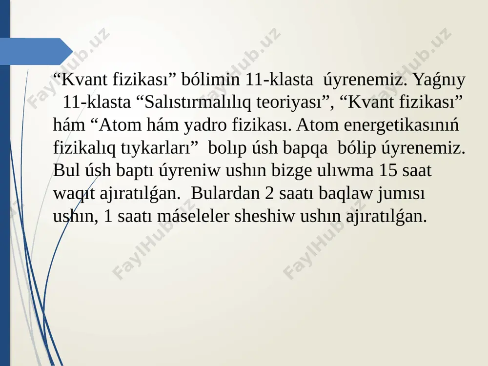 w qubılısı ... delinedi. a) polyarizaciya; b) difrakciya; c) dispersiya; d) fotoeffekt. 2. túsip atırǵan jaqtılıqtıń intensivligi 4 ese kemeyse, fotoeffektte shıǵıp atırǵan elektronlar sanı qalay ózgeredi? a) 4 ese artadı; b) 2 ese kemeyedi; c) 4 ese kemeyedi; d) ózgermeydi. 3. fotoeffektte túsip atırǵan jaqtılıqtıń jiyiligi 2 ese artsa, shıǵıp atırǵan fotoelektronlar sanı qalay ózgeredi? a) 2 ese kemeyedi ; b) 2 ese artadı; c) 4 ese kemeyedi; d) ózgermeydi. 4. túsip atırǵan jaqtılıq aǵımı (λ=const da) 4 ese artsa, fotoelektronlardıń tezligi neshe ese ózgeredi? a) ózgermeydi; c) 4 ese kemeyedi; b) 4 ese artadı; d) 2 ese artadı. 5. eger fotoeffektte shıǵıp atırǵan bólekshelerdiń tezligi 1,6·106 m/s bolsa, túsip atırǵan jaqtılıqtıń tolqın uzınlıǵın esaplań. shıǵıw jumısı a=5,3 ev (m). a) 10·10–6; b) 9,8·10–9; c) 6,63·10–10; d) 2·10–7. ii-variant 1. eger fotokatodtan elementlerdiń shıǵıw jumısı 3 ev bolsa, oǵan túsip atırǵan fotonlardıń energiyası 5 ev bolsa, tormozlawshı potencial qanday …