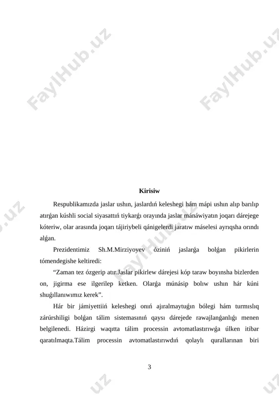 alıq texnologiya hám olardıń bilimlendiriwde qollanılıwına tiyisli bilimler, tájiriybe talabalardı bilimli hám jetik ilimiy tájriybege iyelewlerin támiyinleydi. kinematika bóliminde deneniń qozǵalısın onıń qozǵalısqa keltiriwshi sebeplerin esapqa almaǵan halda úyrenetuǵın bólimi kinematika dep ataladı. kinematikanıń tiykarǵı nizamlıqların koordiantalar sisteması arqalı grafikalıq kórinisler máseleler arqalı keńdey túsindiriledi. kurs jumısınıń wazıypası: talabalardı kún sayın rawajlanıp baratırǵan informaciya-tálim ortalıǵı sharayatında ǵárezsiz túrde iskerlik kórsete alıwǵa informaciya aǵımınan aqılǵa say paydalanıwǵa úyretiwden ibarat bolıp esaplanadı. onıń ushın olarǵa úzliksiz túrde ózbetinshe islew múmkinshiligi hám sharayatın jaratıp beriw zárúr. kurs jumısınıń ámeliy áhmiyeti: “kinematika bóliminde grafikalıq máselelerdi sheshiw” processin oqıtıwda, zerigerli sabaqlar ornına sabaqlardı shólkemlestiriwge juwapkershilik penen qaraytuǵın, kásiplik bilgir, metodikalıq uqıpǵa iye, juwapkerli, zamanagóy, interaktiv pedagogikalıq texnologiyanı jetik ózlestirip alǵan, innovaciyalar tiykarında tálimdi payda ete alatuǵın oqıtıwshılarǵa talap asıp barıp atır. tálimde materiallıq baza, standart, oqıw jobalar, programma hám sabaqlıqlar qanshelli rawajlandırılmasın, kutilgen tiykarǵı nátiyjege erisiw, tereń hám puxta bilim beriw, joqarı sapa daǵı ózlestiriwge …