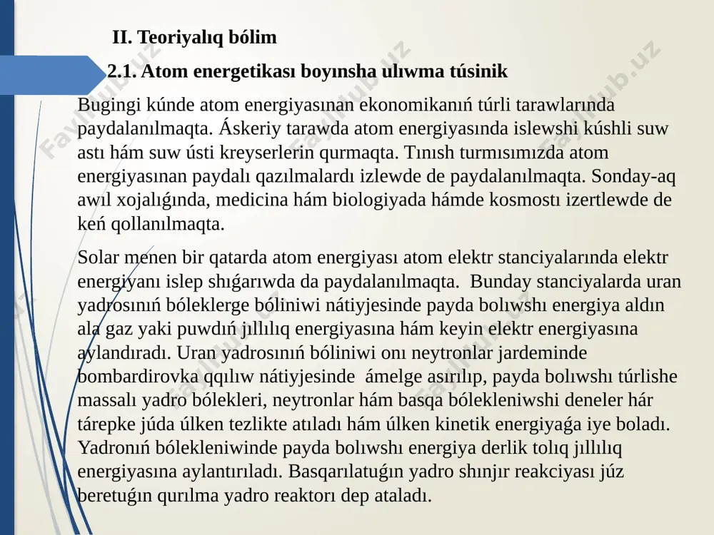 hám úsh konturlı sxema boyınsha uzatıw múmkin. hár bir kontur jabıq sistema esaplanadı. kóp konturlı sxma radiacion qáwipsizlikti támiyinleydi hám ásbaplarǵa xizmet kórsetiw ushın qolaylıq jaratadı. konturlardıń sanı reaktordıń tipi hám jıllılıq tasıwshınıń turbinada jumısshı massa sıpatında paydalanıwǵa jaramlılıǵın xarakterlewshi qásiyetlerge baylanıslı halda tańlanadı. 5-súwret. hár qıylı konturlı atom elektr stanciyalarınıń prinsipial islew sxemaları: a)– bir konturlı, b) – eki konturlı, v) – úsh konturlı, 1-reaktor, 2- ekilemshi biologik qatlam, 3-turbina, 4-elektr generatorı, 5-kondenssator yaki gazdi suwıtqısh, 6-nasos yaki kompressor, 7-regenerativ jıllılıq almasqısh, 8-sirkulyaciyalawshı nasos, 9-puw generatorı, 10-aralıq jıllılıq almasqısh. aes eki konturlı sxema boyınsha islegende reaktorda qızıǵan jıllılıq tasıwshı óz jıllılıǵın jumısshı massaǵa puw generatorında beredi. eger jıllılıq tasıwshı sıpatında puwdan paydalanılsa, ol puw generatorında 15-40 ǵa shekem suwıydı. basqa suyıqlıq yaki gaz kórinisindegi jıllılıq tasıwshılar puw generatorında júdá úlken muǵdarǵa, bazı jaǵdaylarda júzlep graduslarǵa shekem suwıydı. birinshi kontur radioaktiv esaplanadı hám sol sebepli ol pútkilley biologik qorǵanıwdıń ishinde …