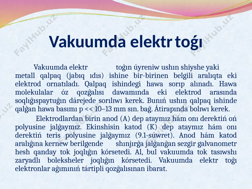 menen óziniń bir elektronı arqalı baylanısadı. nátiyjede eki atom óz ara eki elektron arqalı baylanısadı. bunday baylanısıw kovalent baylanıs delinedi. 2 yarımótkizgishler tabiyatta sonday zatlar da bolıp, olardıń birlik kólemde elektronla sanı ótkizgishlerge salıstırǵanda az, biraq izolyator (dielektrik)larǵa salıstırǵanda kóp. sol sebepli bunday zatlar yarımótkizgishler dep ataladı. 3 jeke ótkizgishlik aralaspalarsız, taza yarımótkizgishtegi ótkizgishlik jeke ótkizgishlik delinedi. kishi esse tema: elektr tok tayanısh túsinikler bilip alǵan maǵlıwmatlarım 1.elektr toki 2.metal o’tkizgishlerde eletr toki 3. metallardıń salıstırmalı qarsılıǵınıń temperatura koefficienti keltirilgen itibarin’iz ushin rahmet image2.jpeg image3.png
