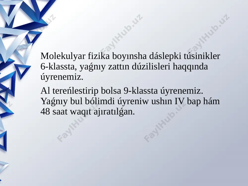 tnasqan oqıwshılardı qosımsha bahalaw xoshametlew karoshkaları “soraw juwap” metodı úyge tapsırma sorawda soraw-juwap metodınan paydalansaq boladı. bunda oqıwshılar menen jeke túrde yamasa kishi toparlarǵa bóliw arqalı sorawımız múmkin. yaǵnıy bunda qıyınlılıq dárejesi hár qıylı sorawlar yamasa máseleler dúzip kelinedi. hámde qıyınlılıq dárejesine qarap bahalanadı. soraw-juwap 1 2 3 4 5 1 2 3 4 5 1 2 3 4 5 ótilgen temanı tákirarlaw. “klaster” molekulyar fizika bekkemlew «túsinikler analizi» usulı ushın oqıw tapsırması: túsinik mazmun molekula zattıń ximiyalıq qásiyetin ózinde saqlap qalatuǵın eń kishi bólekshesine molekula delinedi. molyar massa konsentraciya temperatura “ blic-soraw ” metodi “ blic-soraw ” metodi (inglizshe “blic”-tezlik penen, dárhal) metodi berilgen sorawlarģa qisqa,aniq hám toliq juwap qaytariliwin talap etetuģin metod.tálim mekemelerinde bul metodqa muwapiq sorawlar tiykarinan oqitiwshi tárepinen beriledi.berilgen sorawlarģa juwaplar topar menen, jupliq yaki individual tarizde qaytariliwi múmkin.juwap qaytariw formasi úyrenilip atirģan temaniń quramaliliģi oqiwshilardiń qamrap aliniwina kόre belgilenedi. sabaq barisinda usildi qollaw tόmendegishe όtedi: …