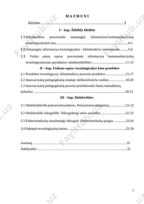 a múmkinshiliklerin ashıp beredi. ikt oqıtıwshılardıń kásiplik ósiwi ushın olarǵa óz pánleri boyınsha oqıtıwdıń jańa usılların kirgiziwge, jańa jantasıwlardı qollawǵa, ideyalardı ámelge shıǵarıw hám jańa kónlikpelerdi rawajlandırıwǵa múmkinshilik jaratadı. ikt óz resurslarınan aqılǵa say paydalanıwǵa múmkinshilik jaratadı. ikt oqıw procesin aqılǵa say basqarıw hám baqlaw arqalı waqıtın hám aqshanı tejeydi. ikt sabaqlarǵa tayarlıq procesin qısqartiradi hám oqıw procesin oqıwshılar ushın qızıqlı etedi. ikt dıń maslasıwshılıǵı - ikt túrli jasdaǵı oqıwshılar, túrli dárejedegi oqıtıwshılar ushın maslastırılıwı múmkin, hám de tálim processinde oqıtıwshılar hám oqıwshılar ushın kómek. 1.1 bilimlendiriw processinde zamanagóy informacion-kommunikaciyalıq texnologiyalardıń ornı. informaciya texnologiyalar informaciya texnologiyaları tek pán hám texnika hádiysesi bolmaydıden, ekonomikalıq rawajlanıwdıń zárúrli omilga aylanıp atır. informaciya menen qamtıp alınbaǵan qandayda bir zárúrli xojalıq sektorın (islep shıǵarıw, transport, kredit-finans tarawı, sawda ) keltiriw qıyın. usı waqıtta esaplaw texnikası hám baylanıs quralları tiykarında informaciyanı toplaw, saqlaw hám usınıwdıń zamanagóy usılları jańa informaciya texnologiyaları hám xızmetlerdi satıw (tarqatıw ) maqsetlerinde …