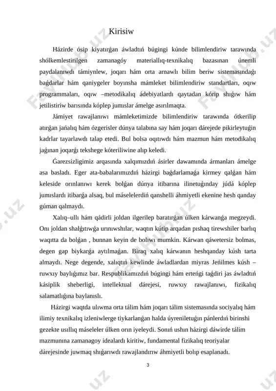 in támiyinleydi. innovaciyalıq texnologiyalar pedagogikalıq process hám de oqıtıwshı hám student iskerligine jańalıq, ózgerisler kirgiziw bolıp onı ámelge asırıwda tiykarınan interaktiv usıllardan paydalanıladı. kurs jumısınıń wazıypası: studentlerdi kún sayın asıp baratırǵan informaciya -tálim ortalıǵı sharayatında ǵárezsiz túrde iskerlik kórsete alıwǵa informaciya aǵımınan aqılǵa say paydalanıwǵa úyretiwden ibarat esaplanadi. onıń ushın olarǵa úzliksiz túrde ózbetinshe islew múmkinshiligi hám sharayatın jaratıp beriw zárúr. kurs jumısınıń ámeliy áhmiyeti: bul temanı oqıtıwda, zerikerli sabaqlar ornına sabaqlardı shólkemlestiriwge juwapkershilik menen jandasatúǵın, kásiplik bilgir, metodikalıq uqıpǵa iye, juwapkerli, zamanagóy, interaktiv pedagogikalıq texnologiyanı jetilisken ózlestirip alǵan, innovatsiyalar tiykarında tálimdi payda ete alatuǵın oqıtıwshılarǵa talap asıp barıp atır. tálimde materiallıq baza, standart, oqıw jobalar, programma hám sabaqlıqlar qanshellilik rawajlanıwdırılmasın, kútilgen tiykarǵı nátiyjege erisiw, tereń hám puqta bilim beriw, joqarı sapadaǵı ózlestiriwge erisiw tikkeley teoriyalıq hám ámeliy shınıǵıwlardı alıp baratuǵın oqıtıwshınıń dóretiwshiligi, izleniwshiligi, ilmiy tájriybesine pedagogikalıq uqıpına baylanislı bolıp qalaberedi. temanı oqıtıwdaǵı qıyınshılıq hám túsinbewshiliklerdi saplastırıw ushın beriletuǵın maǵlıwmatlar …