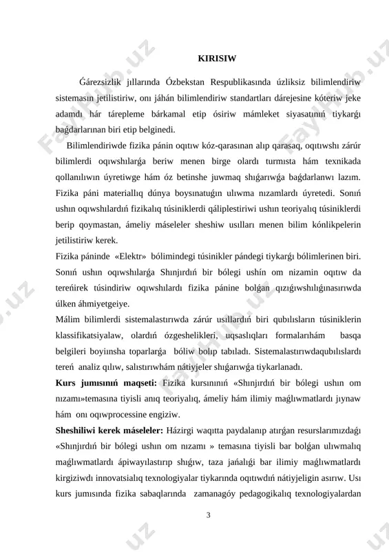 arın ózlestiriw rejesi hám konspektleri túrli formalarda bolıwı; 2. innovaciyalıq bilimlendiriw texnologiyaları principleri tiykarında shınıǵıwlardı, bilim beriwdi shólkemlestiriw; 3. oqıwshılardı aldın-ala ámeliy sabaqlar temaları boyınsha tarqatpa materiallar menen támiyinlewge erisiw; 4. elektron hám multimedia sabaqlıqlarınan paydalanıw; 5. olarǵa óz-ózin bahalaw ushın sharayatlar jaratıp beriw; 6. oqıwshılardıń bilimin tayanısh sózler hám túsinikler tiykarında bahalawdı engiziw; 7. olardı kishi toparlarǵa bólip, óz betinshe islewge úyretiw; 8. oqıwshılar óz betinshe islewin ilimiy metodikalıq tárepten qollap quwatlaw hám shólkemlestiriw; 9. pánge qızıǵıwshı oqıwshılar menen olardı qızıqtırǵan temaları boyınsha qosımsha sabaqlar shólkemlestiriw; 10. seminarlardı erkin pikirlewleri boyınsha alıp barıw, temalar boyınsha oqıwshılardıń kritikalıq pikirlerin rawajlandırıwshı test variantların dúziw, ámeliy shınıǵıwlarda sorawlarǵa juwaplar tabıw, analizlew; 11. anıq belgilengen oqıw maqsetlerine erisiwge baǵdarlanǵan shınıǵıwlardı shólkemlestiriw; 12. dóretiwshilik boyınsha oqıwshılardıń oy-órisin rawajlandırıwshı maǵlıwmatlar jıynawdıń «sank-veyn», maǵlıwmatlardı ken`eyttiriwdiń «klaster», tekst penen islewdiń «insert», dóretiwshilik pikirlerin rawajlandırıwshı «aqıl boranı», «sáwbetlesiw», salıstırılatug`ın ekilemshi mag`lıwmatlardı universal grafikalıq qurawshıları «kubik», «t-chizma», bir-birine qarım …