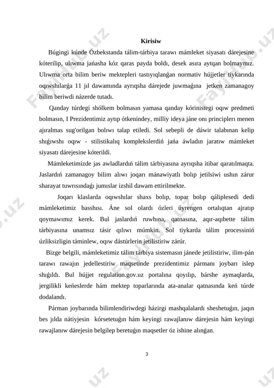 kemshilikler hám olardı sheshiw jolları kórsetilgen. prezidentimiz shavkat mirziyoevtiń 29-apreldegi pármanı menen xalıq tálimi sistemasın 2030-jılǵa shekem rawajlandırıw konsepciyası hám onı usı jılda ámelge asırıw ushın jol kartası tastıyqlandı. jol kartaları hár jılı ushın arnawlı túrde bólek qabıl qılınadı. hújjette xalıq tálim tarawındaǵı mashqala hám kemshilikler sanap ótilgen. tiykarınan: · balalardı oqıwǵa qabıl qılıwda hám bilimlendiriw processindegi korrupciya; · matematika, fizika, ximiya, informatika, ingliz tili hám basqa shet tilleri oqıtıwshılarınıń jetispewi, taw hám shól aymaqlarında oqıtıwshılardıń jetispewi; · ayrım mekteplerde oqıwshılardıń sanı klassta oqıw processi sıpatınıń keskin páseyiwine alıp keletuǵın dárejede asıp ketiwi; · sabaqlıqlardı jaratıw sistemasında hár túrliliktiń joqlıǵı, olardı jaratıw hám baspadan shıǵarıdıń monopolyalastırıwǵa faktor bolıp qalmaqta hámde olardıń mazmunı metodikası hám basıp shıǵarıw sıpatına unamsız tásir kórsetpekte; · 11 jıllıq bilimlendiriwge ótken múnásibeti menen qosımsha oqıw jaylarına zárúrlik júzege keldi; · xalıq sistemasında finanslıq hám dáramatlardı bólistiriw sistemasınıń nátiyjeligi hám móldirligin támiynlew. insan kapitalın miynet bazarında hám …