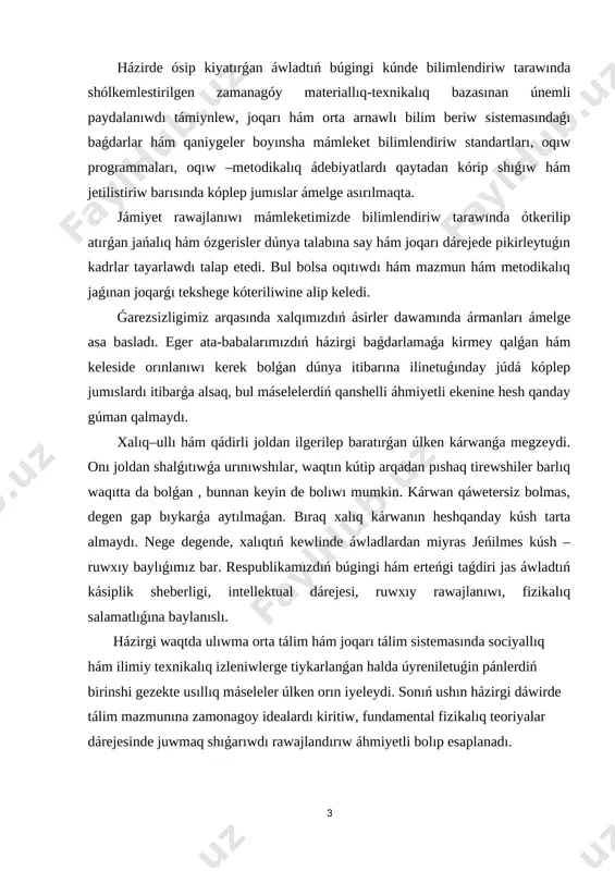 asırıwda tiykarınan interaktiv usıllardan paydalanıladı. kurs jumısınıń wazıypası: studentlerdi kún sayın asıp baratırǵan informaciya -tálim ortalıǵı sharayatında ǵárezsiz túrde iskerlik kórsete alıwǵa informaciya aǵımınan aqılǵa say paydalanıwǵa úyretiwden ibarat esaplanadı. onıń ushın olarǵa úzliksiz túrde ózbetinshe islew múmkinshiligi hám sharayatın jaratıp beriw zárúr. kurs jumısınıń ámeliy áhmiyeti: bul temanı oqıtıwda, zerikerli sabaqlar ornına sabaqlardı shólkemlestiriwge juwapkershilik penen jandasatúǵın, kásiplik bilgir, metodikalıq uqıpǵa iye, juwapkerli, zamanagóy, interaktiv pedagogikalıq texnologiyanı jetilisken ózlestirip alǵan, innovatsiyalar tiykarında tálimdi payda ete alatuǵın oqıtıwshılarǵa talap asıp barıp atır. tálimde materiallıq baza, standart, oqıw jobalar, programma hám sabaqlıqlar qanshellilik rawajlanıwdırılmasın, kútilgen tiykarǵı nátiyjege erisiw, tereń hám puqta bilim beriw, joqarı sapadaǵı ózlestiriwge erisiw tikkeley teoriyalıq hám ámeliy shınıǵıwlardı alıp baratuǵın oqıtıwshınıń dóretiwshiligi, izleniwshiligi, ilmiy tájriybesine pedagogikalıq uqıpına baylanislı bolıp qalaberedi. temanı oqıtıwdaǵı qıyınshılıq hám túsinbewshiliklerdi saplastırıw ushın beriletuǵın maǵlıwmatlar baslanǵısh bolsada olardı hár qıylı turmıslıq hám kúndelik turmısımızda kóplep ushraytuǵın mısallar menen túsindiriw maqsetke muwapıq boladı. 1. …