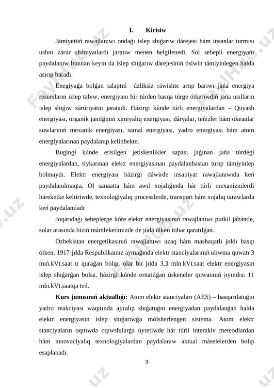 da islewshi kúshli suw astı hám suw ústi kreyserlerin qurmaqta. tınısh turmısımızda atom energiyasınan paydalı qazılmalardı izlewde de paydalanılmaqta. sonday-aq awıl xojalıǵında, medicina hám biologiyada hámde kosmostı izertlewde de keń qollanılmaqta. solar menen bir qatarda atom energiyası atom elektr stanciyalarında elektr energiyanı islep shıǵarıwda da paydalanılmaqta. bunday stanciyalarda uran yadrosınıń bóleklerge bóliniwi nátiyjesinde payda bolıwshı energiya aldın ala gaz yaki puwdıń jıllılıq energiyasına hám keyin elektr energiyasına aylandıradı. uran yadrosınıń bóliniwi onı neytronlar jardeminde bombardirovka qılıw nátiyjesinde ámelge asırılıp, payda bolıwshı túrlishe massalı yadro bólekleri, neytronlar hám basqa bólekleniwshi deneler hár tárepke júda úlken tezlikte atıladı hám úlken kinetik energiyaǵa iye boladı. yadronıń bólekleniwinde payda bolıwshı energiya derlik tolıq jıllılıq energiyasına aylantırıladı. basqarılatuǵın yadro shınjır reakciyası júz beretuǵın qurılma yadro reaktorı dep ataladı. uran yadrosınıń bóliniwi. 1938–1939-jılları nemis fizikleri o.gan hám f.shtrasmanlar neytron menen bombalanǵan uran yadrosı eki (geyde úsh) bólekke bóliniwi hám bunda úlken muǵdarda energiya bólinip shıǵatuǵının anıqladı. …