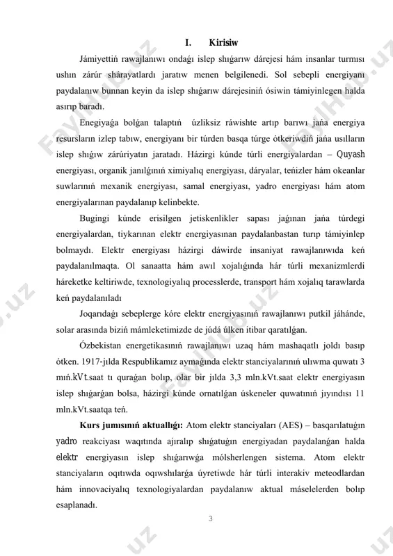 li suw astı hám suw ústi kreyserlerin qurmaqta. tınısh turmısımızda atom energiyasınan paydalı qazılmalardı izlewde de paydalanılmaqta. sonday-aq awıl xojalıǵında, medicina hám biologiyada hámde kosmostı izertlewde de keń qollanılmaqta. solar menen bir qatarda atom energiyası atom elektr stanciyalarında elektr energiyanı islep shıǵarıwda da paydalanılmaqta. bunday stanciyalarda uran yadrosınıń bóleklerge bóliniwi nátiyjesinde payda bolıwshı energiya aldın ala gaz yaki puwdıń jıllılıq energiyasına hám keyin elektr energiyasına aylandıradı. uran yadrosınıń bóliniwi onı neytronlar jardeminde bombardirovka qılıw nátiyjesinde ámelge asırılıp, payda bolıwshı túrlishe massalı yadro bólekleri, neytronlar hám basqa bólekleniwshi deneler hár tárepke júda úlken tezlikte atıladı hám úlken kinetik energiyaǵa iye boladı. yadronıń bólekleniwinde payda bolıwshı energiya derlik tolıq jıllılıq energiyasına aylantırıladı. basqarılatuǵın yadro shınjır reakciyası júz beretuǵın qurılma yadro reaktorı dep ataladı. uran yadrosınıń bóliniwi. 1938–1939-jılları nemis fizikleri o.gan hám f.shtrasmanlar neytron menen bombalanǵan uran yadrosı eki (geyde úsh) bólekke bóliniwi hám bunda úlken muǵdarda energiya bólinip shıǵatuǵının anıqladı. bul bóliniwde …