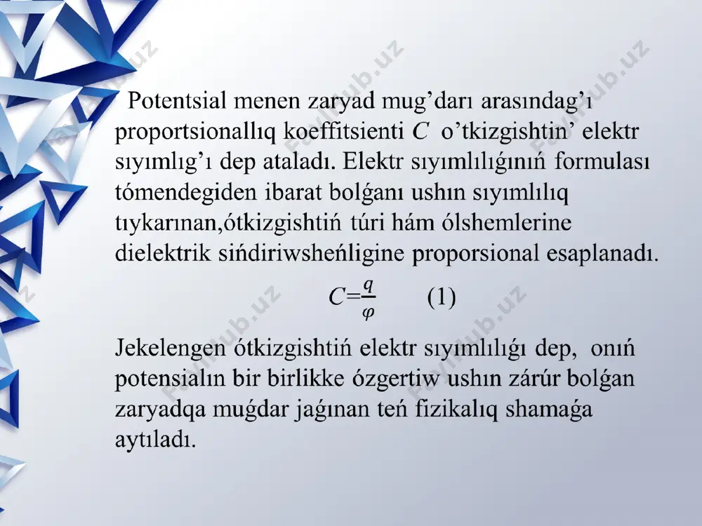 ’ kombinatsiyaları da qollanıladı. kondensatorlardı bir biri menen parallel (a) ha’m izbe-iz (b) tutastırıw. eger bir qurılmanıń eki ushı, ekinshi qurılmanıń eki ushına mas ráwishte jalǵanǵan bolsa parallel jalǵaw dep ataladı. o’z ara parallel etip tutastırılg’anda kondensatorlardın’ sıyımlıqları qosıladı. sebebi bul jag’dayda eki kontensatordın’ astarları arasındag’ı potentsiallar ayırması birdey, al birdey astarlardın’ zaryadları qosıladı: eger bir qurılmanıń bir ushı, ekinshi qurılmanıń bir ushına jalǵanǵan bolıp, qalǵan ushları jalǵanbasa bunday jalǵaw izbe iz jalǵaw dep ataladı. sıyımlıqları ha’m bolg’an kondensatorlardı izbe-iz tutastırsıq, onda ortada jaylasqan bir biri menen tutastırılg’an astarlar ta’sir arqalı zaryadlanadı ha’m sonlıqtan olardın’ zaryadları birdey, al belgileri qarama-qarsı. usının’ saldarınan eki kondensatordın’ zaryadları birdey. potentsiallar ayırması qosıladı. + , , demek izbe-iz tutastırılǵanda sıyımlılıq kemeyedi. eger bolsa, onda . sıyımlılıqları hár qıylı úsh kondensatordı izbe-iz jalǵasaq, onda c= eger kondensatorlardıń sıyımlılıqları óz-ara teń bolsa, onda . hár bir jámiyettiń keleshegi onıń ajıralmaytuǵın bólegi hám turmıslıq zárúrshiligi bolǵan tálim …