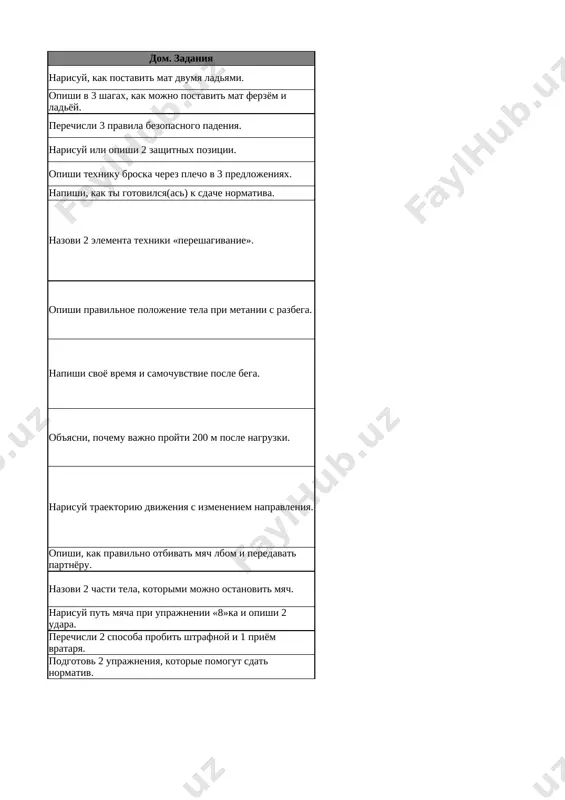 . 11 sportivnie igri - basketbol, voleybol, gandbol (isxodya iz usloviy shkoli vibirayutsya 2 vida igr)teoriya: ponyatiya o fizicheskoy podgotovke uchashixsya i razvitii fizicheskix kachestv (sili, bistroti, lovkosti, gibkosti, vinoslivosti) praktika: basketbol - obuchenie taktike napadeniya (individualnoy i komandnoy) v protsesse igri, individualnie deystviya, broski myacha v koltso (sdacha kontrolnogo normativa) voleybol – otbivanie myacha dvumya rukami snizu, podacha myacha cherez setku s 4-6 m (otsenka texniki vipolneniya) gandbol - obuchenie taktike napadeniya (individualnoy i komandnoy) v protsesse igri, zakrepit napadayushiy udar (s oporoy i v prijke), individualnie deystviya, broski myacha v vorota sverxu i snizu (otsenka texniki vipolneniya) narisuy traektoriyu dvijeniya s izmeneniem napravleniya. 12 sportivnie igri - basketbol, voleybol, gandbol (isxodya iz usloviy shkoli vibirayutsya 2 vida igr) praktika: basketbol, voleybol, gandbol - estafeta s elementami sportivnix igr opishi, kak pravilno otbivat myach lbom i peredavat partnyoru. 13 futbol teoriya: fizicheskie kachestva i uprajneniya, kotorie ix razvivayut praktika: …