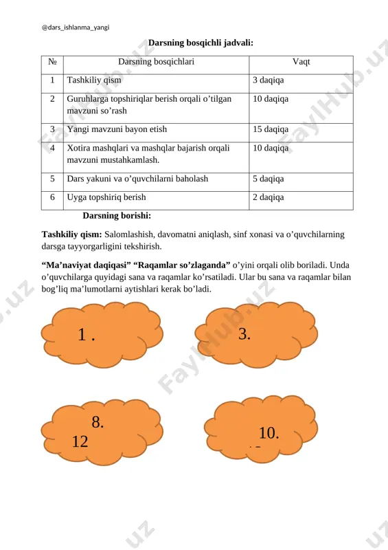 noma’lum hadini toping: x:3=2,5:0,5 0,5x=2,5∙3 x=7,5:0,5 x=15 javob: noma’lum son 15 proporsiyani yechishda 3 ta miqdor berilib, to`rtinchi noma’lum miqdor topiladi. bu qoida “uch miqdor qoidasi” deb ham yuritiladi. proporsiyani yechishda “besh miqdor qoidasi” ham mavjud. 3-masala. (abu rayhon beruniy masalasi.) agar 10 dirham (pul birligi) 2 oyda 5 dirham foyda keltirsa, 8 dirham 3 oyda qancha foyda keltiradi? · yechish:masalani eng qulay usuli proporsiya tuzib yechish usulidir. 1) 8 dirham 3 oyda x dirham foyda keltiradi deylik. 10 dirham 8 dirham 2 oy 3 oy 5 dirham foyda x dirham foyda? 2)proporsiya tuzamiz: 20:5=24:x 20x=5∙24 20x=120 x=120:20 x=6 javob: 6 dirham foyda. 4-masala. (i. nyuton masalasi) bir xattot 8 kunda 15 varaq yoza oladi. 405 varaqni 9 kunda yozishga ulgurish uchun necha nafar xattot zarur bo`ladi? · yechish: 1) 405 varaqni 9 kunda yozishga ulgurish uchun x nafar xattot zarur bo`lsin deylik. masalani qisqa shartini tuzamiz: 1 xattot----8 kun---15 …
