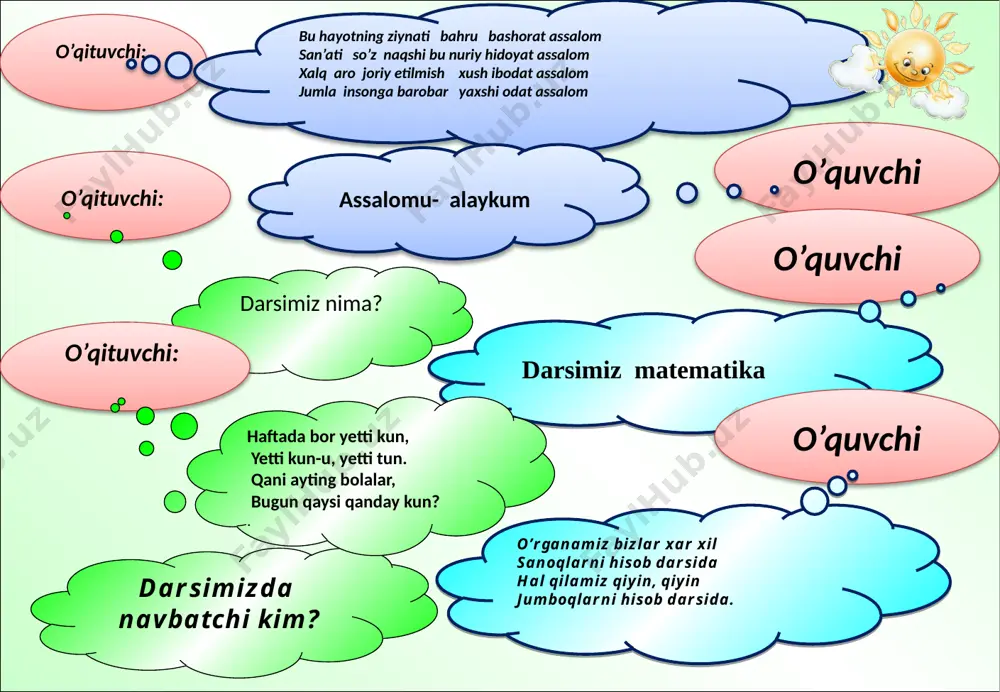 sson to reach the all information to spend the time in right way. to express fully your own ideas the rule of “right hand”. the golden rules of the lesson: darsda faol bo’lish intizomli bo’lish fikrni to’la bayon qilish “o’ng qo’l” qoidasi yangiliklar sari intilish. vaqtdan ununli foydalanish “moychechak “ o’yini 19,43+(-10,43)= 1,27+24,73= 18,57+(-16,57)= -65,4+(-4,6)+75= 4,63+3,37= 2000,7+12,3= 2029,7+(-17,7)= 5,75+0,25-5= (17,37-13,87)*2= hisoblang e barakalla . uy vazifasin so’zlang , faqat ilmni ko’zlang , qanday mavzu o’tgandik va nimani o’rgandik ? o'qituvchi: “moychechak “ o’yini 9 26 2 5 8 2013 2012 1 7 hisoblang e barakalla . uy vazifasin so’zlang , faqat ilmni ko’zlang , qanday mavzu o’tgandik va nimani o’rgandik ? obrazets teksta vtoroy uroven tretiy uroven chetvertiy uroven pyatiy uroven “omad loto“ o’yini musbat sonini musbat songa qo’shganda natija natijada qanday son chiqadi manfiy sonini musbat songa bo’lganda natija qanday son bo’ladi . 0 soni har qanday manfiy sondan …