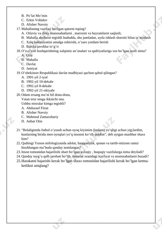 an ma’buda qanday nomlangan? 23. inson tomonidan bajarilishi shart bo’lgan axloqiy , huquqiy vazifalarga nima deyiladi? 24. qanday tuyg’u qalb jarohati bo’lib, insonlar orasidagi kayfiyat va munosabatlarni buzadi? 25. harakatni bajarishi kerak bo’lgan shaxs tomonidan bajarilishi kerak bo’lgan ketma-ketlikni aniqlang? javoblar: 1 2 3 4 5 6 7 8 9 10 b c a d b c c b a b 11 12 13 14 15 16 17 18 19 20 a a b c d c d b b d 21. zayniddin zidan 22. femida 23. burch 24. xafagarchilik [bookmark: _goback]25. fikr – harakat – natija