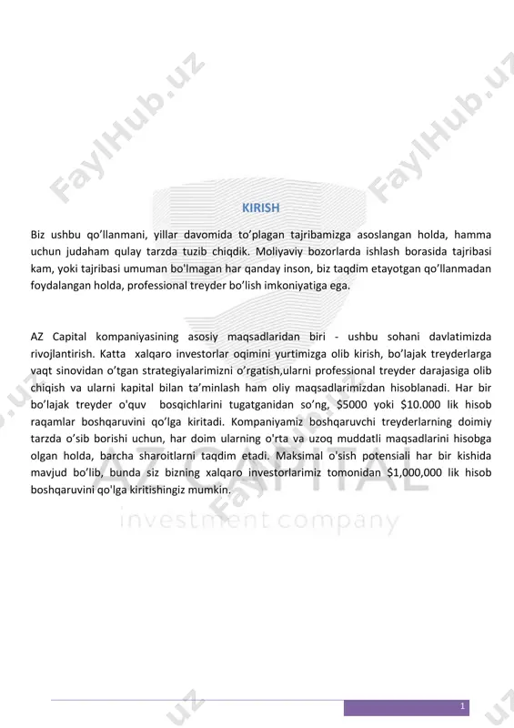 ....................... 4 bozor ishlash vaqti ............................................................................................. 5 valyuta bozoridagi katta ishtirokchilar kimlar? ........................................ 6 treyderlar kimlarva ularning turlari qanday? .......................................... 9 forex bozorida ko’p ishlatiladigan va kerakli terminlar ........................ 11 brokerlar kimlar? ............................................................................................. 13 moliya bozorlaridagi grafiklar bilan tanishuv ......................................... 15 grafiklardagi patternlar ................................................................................ 17 indikatorlar (indicators) ................................................................................ 22 trend chiziqlari ................................................................................................. 28 narx darajalari .................................................................................................. 34 fibonachchi darajalari .................................................................................... 38 yapon svechalari orqali tahlil qilish ........................................................... 40 forex va aksiya bozoridagi ko’p qo’llaniladigan va kerakli terminlar 45 qanday qilib o'z savdo strategiyangizni yaratishingiz mumkin? ........... 48 4 forex (foreign exchange)– bu xalqaro valyuta almashtirish bozoridir va undaqatnashuvchilar sotib olish, sotish, almashtirish va valyutada spekulyatsiya bilan shug’ullanishadi. forex bozorining asosiy qismini yirik xalqaro banklar, qolgan qismini esa tijorat kompaniyalari, markaziy banklar, investitsiyalarni boshqarish firmalari, xedj fondlar vaindividual savdogarlar tashkil qiladi. valyuta bozori bir kunlik pul aylanmasi tranzaksiyalari hajmi 7 trln aqsh dollaridan oshadi va bugungi kunda eng katta pul aylanadigan …