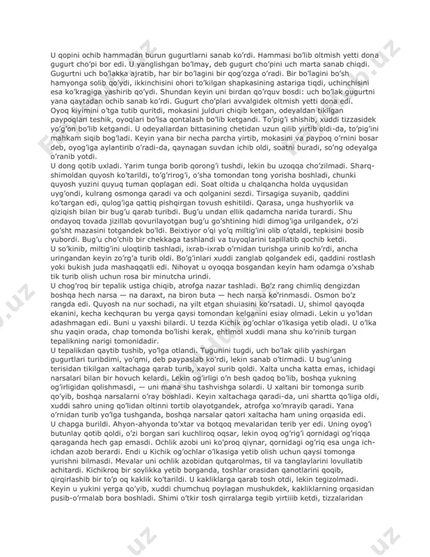 ’ziga keltirdi. u qo’rquvni yengib, es-hushini yig’di, keyin qo’lini suvga tiqib, piypasladi-da, miltig’ini topdi. so’ng mayib oyog’iga og’irlik kamroq tushsin deb, yukni chap yelkasiga oldi-da, og’riqdan basharasini burishtirib, juda ehtiyothk bilan asta-sekin qirg’oqqa tomon yurdi. u to’xtamay yuraverdi. og’riqqa sira parvo qilmay, bill oshib o’tgan tepalik ustiga shosha- pisha dadil chiqaverdi. tepalikka chiqib qarasa, vodiyda hech kim ko’rinmadi. uni yana qo’rquv bosdi, keyin qo’rquvni yengib, qopini chap yelkasiga yana ham ko’proq surib, oqsoqlanib-oqsoqlanib pastga tusha boshladi. vodiyning pastligi chalchiqzor bo’lib, chimliq jiqqa suv edi. u har qadam bosganda suv sachrar, nam chimliqdan oyog’ini har ko’targanda, shalop-shulip etgan tovush chiqardi. u billning izidan yurishga intilib, ko’loblarni aylanib o’tar yoki chimliqlarda xuddi orol singari cho’qqayib turgan toshlar ustidan borardi. u yolg’iz qolgan bo’lsa ham yo’idan adashmadi. yana bir oz yurgandan keyin atrofini pastakkina, nimjon, quruq pixta va archalar o’rab olgan kiclikina titchinichili ko’iiga yetib borishini bilardi, bu ko’lning nomi mahalliy tilda «kichik …
