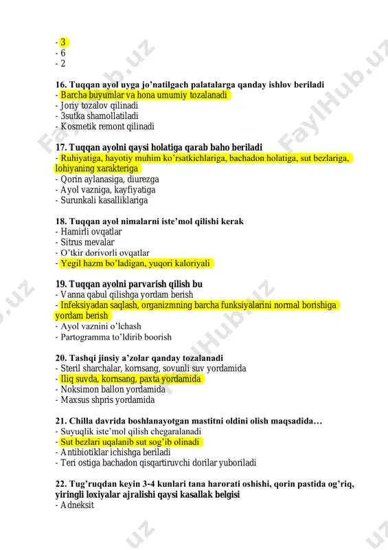 ish kerek - dori ichish kerak - sut bezini massaj qilish kerak - bog’lov qoyish kerak - sutnni sog’ib tashlash kerak 26. tug’ruqdan keying gimnastika qanday ahamyatga ega - tuqqan ayolni tinchlantiradi - uyqusi yaxshilanadi - ishtaxasi ochiladi - jinsiy a’zolar involutsiyasini tezlatadi 27. tug’ruqdan keying gimnastikaga moneliklar - egiz tug’ish - muddatidan oldin tuqish - qon ketish, tana harorati ko’tarilishi - qorin qabziyati 28. tuqqan ayol gimnastik mashqlarni qachon bajaradi - ertalab nonushtadan 30’ dan so’ng - tushlikdan oldin - tushlikdan so’ng - ertalab uyqudan turib 29. tug’gan ayol qachon uyga jo’natiladi - chilla davri normal o’tganda72 soatdan so’ng - 2-3 kun - 15 kun - 3-4 acer marker acer marker acer marker acer marker acer marker acer marker acer marker acer marker 30. bola emizish intervali qancha - har 3soat - bola talabiga ko’ra - har 1 soatda - 6 marta 31. bolaga1`marta qachon ko’krak beriladi - tug’ruqda …