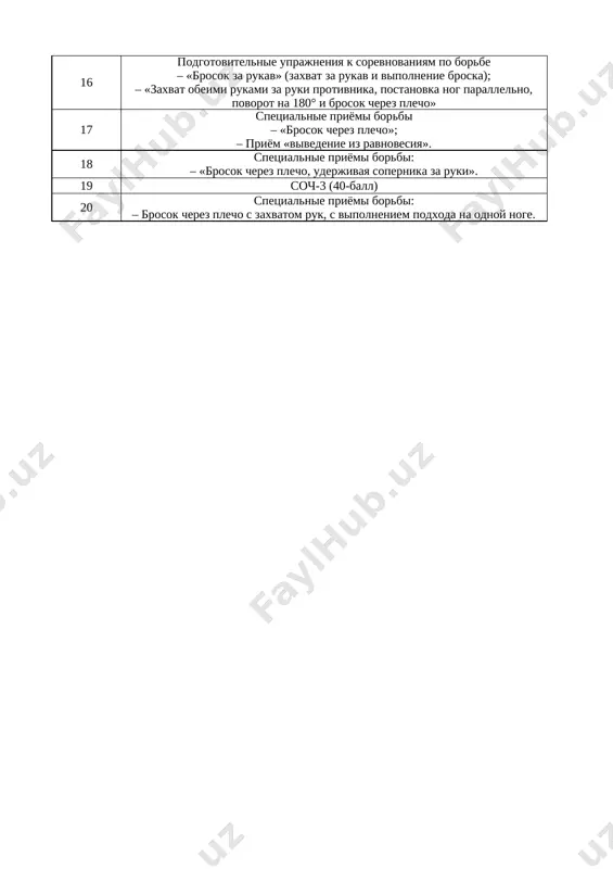 elya; vipolnenie polushpagata; perexod iz priseda v stoyku na rukax s oporoy, pri pomoshi uchitelya. zakrepit ustoychivost i tochnost dvijeniy 13 gimnastika. vipolnenie akrobaticheskogo kompleksa iz elementov gimnastiki (otsenka texniki vipolneniya) osvoit myagkoe prizemlenie bezopasno 14 gimnastika. uprajneniya na soxranenie ravnovesiya – perexod iz polojeniya stoya s oporoy na gimnasticheskoe brevno k polojeniyu priseda s prijkom i povorotom na bedra; – s uporom dvumya rukami na brevno: odna noga svobodno svisaet vniz, vtoraya – sognuta v kolene i raspolojena na brevne; noski natyanuti, golova napravlena vverx, tulovishe v poluprisede; – razvedenie ruk v storoni, zatem vperyod, peredvijenie po brevnu shagami v stile «polka», «galop»; – posle 2–3 begovix shagov – max odnoy nogoy, ottalkivanie drugoy, s posleduyushim prijkom s vipryamleniem i myagkim prizemleniem. (uprajneniya mojno vipolnyat i na gimnasticheskoy skameyke.) potrenirovat smelost i koordinatsiyu 15 gimnastika. uprajneniya na soxranenie ravnovesiya – xodba po gimnasticheskomu brevnu s perexodom s noska odnoy …