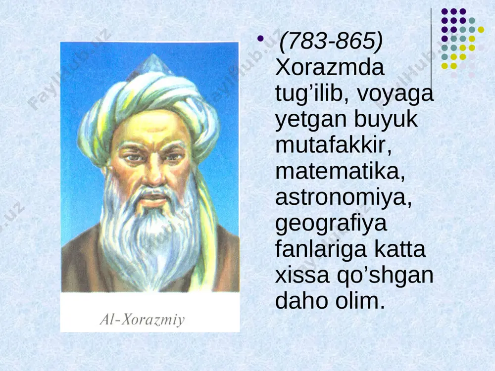 xil usulini beradi. shulardan biri algebraik usul. yechish: al-koshiy yozadi: «masalani «al-jabr val-muqobala» usulida yechish uchun bezakdagi, masalan, dur miqdorini «mol», «narsa» (bizningcha, noma'lum son x) deb olamiz. u holda bezakdagi oltin miqdori «uch minus mol» (ya'ni 3-x) bo'ladi.» bezakdagi durning narxi qancha? -15x (dinor). bezakdagi oltinning narxi qancha? so'ngra al-koshiy x «mol»ni topish uchun (hozirgi belgilashlarda) ushbu tenglamani tuzadi: bu tenglama masala mazmunini to'la aks ettiradi. uni yechaylik: (misqol). u-holda (misqol). yangi mavzuni mustahkamlash masala. men bir son o’yladim. uning besh barovariga 15 ni qo’shdim va natijani 13 ga bo’ldim. bo’linmaning 0,95 qismiga 7 ni qo’shdim, 26 hosil bo’ldi. men o’ylagan sonni toping. yechish: masalani hal qilishda chizmadan foydalanish qo’l keledi. rasmning 1-qatorida masala shartlari yozilgan; 2-qatorida 1-qatordagi amallarga mos teskari amallar yozilgan; 2-qatordagi doirachalar ichida amal natijalari ko’rsatilgan. birinchi qatorning birinchi doirasi (“o’ylangan son”) tagidagi doirachada esa masalaning javobi 49 soni darhol ko’rinadi. o’ylangan son 26 19 20 …