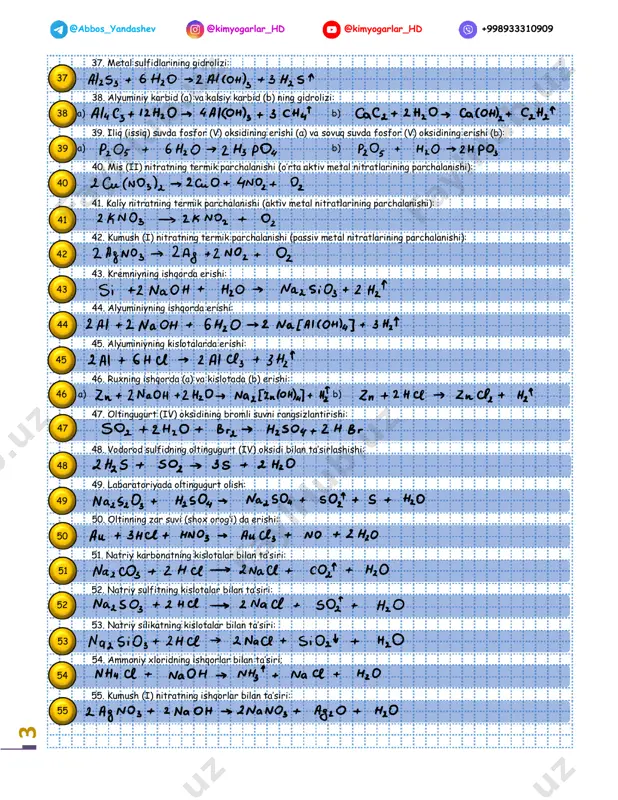 tada erishi: 59. magniy silitsidning kislotalar bilan ta’siri: 61. temirning kislorodda oksidlanishi: 62. xrom (ii) gidroksidning parchalanishi: 63. nitroza usulida sulfat kislota olishda oltingugurt (iv) oksidini oksidlash reaksiyasi: 64. gugurtning yonishi: 60. rux sulfidning xlorid kislotada erishi: 65. temir (iii) xlorid va temir reaksiyasi: 66. natriy xlorid eritmasining elektrolizi: 67. mis (ii) sulfat eritmasining elektrolizi: 68. rux sulfat eritmasining elektrolizi: 57. magniyning azot bilan ta’sirlashishi: 69. kumush (i) nitrat eritmasining elektrolizi: 70. kaliy gidroksid eritmasining elektrolizi: 71. sulfat kislota eritmasining elektrolizi: 72. osh tuzi suyuqlanmasining elektrolizi: 73. oksidlar suyuqlanmasining elektrolizi: 56 57 58 59 60 61 62 63 64 li, k, na, ba, ca, sr, mg || al, mn, zn, fe, co, ni, sn, pb || h2 || cu, hg, ag, pt au 65 66 67 68 69 70 71 72 73