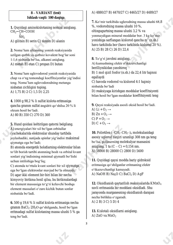 azifa – 13 (test) 177 uyga vazifa – 13 (yozma) 182 14 – variant (test) 186 14 – variant (yozma) 189 uyga vazifa – 14 (test) 192 uyga vazifa – 14 (yozma) 198 15 – variant (test) 202 15 – variant (yozma) 206 uyga vazifa – 15 (test) 209 uyga vazifa – 15 (yozma) 217 16 – variant (test) 221 16 – variant (yozma) 224 uyga vazifa – 16 (test) 227 uyga vazifa – 16 (yozma) 233 17 – variant (test) 237 17 – variant (yozma) 241 uyga vazifa – 17 (test) 243 uyga vazifa – 17 (yozma) 250 javoblar 1 – variant javobi 254 uyga vazifa – 1 (birinchilari) 256 uyga vazifa – 1 (ikkinchilari) 258 2 – variant javobi 261 uyga vazifa – 2 (birinchilari) 263 uyga vazifa – 2 (ikkinchilari) 265 3 – variant javobi 269 uyga vazifa – 3 (birinchilari) 271 uyga vazifa – 3 (ikkinchilari) …