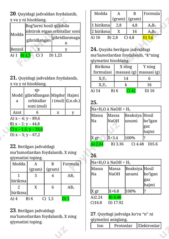 aoh + h2 massa na massa naoh reaksiya unumi hosil bo’lgan gaz hajmi x gr x+3.4 100% ? a) 2.24 b) 3.36 c) 4.48 d)5.6 26. na+h2o à naoh + h2 massa na massa naoh reaksiya unumi hosil bo’lgan gaz hajmi x gr x+6.8 100% ? a)2.24 b) 4.48 c)16.8 d) 17.92 27. quydagi jadvalga ko‘ra “n” ni qiymatini aniqlang. ion protonlar soni elektronlar soni [image: c:\users\user\appdata\local\temp\ksohtml14460\wps4.jpg] a+1 [image: c:\users\user\appdata\local\temp\ksohtml14460\wps5.jpg] [image: c:\users\user\appdata\local\temp\ksohtml14460\wps6.jpg] a a) -4 -4 b)-6 -6 c)-2 -2 d) +4 28. quydagi grafigka asoslanib a moddani aniqlang. [image: c:\users\user\appdata\local\temp\ksohtml14460\wps13.jpg] a) o2 b) sih4 c) no d) co 29. cxh2x[image: c:\users\user\appdata\local\temp\ksohtml14460\wps14.png][image: c:\users\user\appdata\local\temp\ksohtml14460\wps15.jpg]cxh2x-2 + h2 quyidagi degidrogenlanish jarayoni uchun 16,8 g cxh2x maxsulot olingan. ma’lum vaqtdan so’ng muvozanat qaror topdi. bu sistema uchun kc qiymatini aniqlang. (reaksiya 2 litrli idishda olib borilgan) [image: c:\users\user\appdata\local\temp\ksohtml14460\wps16.png] a) 0,9 b) 0,8 c) 0,225 d) 0,45 30. ushbu rasmda qaysi molekula tasvirlangan. [image: c:\users\user\appdata\local\temp\ksohtml14460\wps17.png] …
