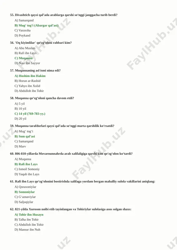 914 d) 819–841 71. somoniylar davlatida xalifa nomidan keyin kimning nomi xutbaga qo‘shib o‘qilgan? a) amirning b) vazirning c) qozining d) noibning 72. arablar istilosi davrida buxoro malikasi kim bo‘lgan? a) to‘maris b) xotun c) nodira d) bibixonim 73. ismoil somoniy qaysi ko‘chmanchi qabilalar hujumini to‘xtatib, shimoliy chegaralarni mustahkamlagan? a) mo‘g‘ullar b) turklar (ko‘chmanchi turklar) c) arablar d) forslar 74. somoniylar davrida 'amir'dan keyingi eng muhim lavozim egasi nima deb atalgan? a) vazir b) mustavfiy c) sohib-ash-shurat d) muhtasib 75. harbiy ishlarni boshqaradigan devon qanday nomlangan? a) mustavfiy devoni b) sohib-ash-shurat devoni c) mushrif devoni d) rasoil devoni 76. pochta va davlat sirlari bilan shug‘ullanadigan devon: a) mustavfiy b) sohib-ash-shurat (va mushrif hamkorligi) c) muhtasib d) al-barid 77. bozorlardagi narx-navo va tarozilarni nazorat qiluvchi lavozim: a) muhtasib b) qozikalon c) mushrif d) vazir 78. somoniylar davlatida o‘nlab devonlar poytaxtning qaysi maydonida joyhadigan edi? a) labihovuz b) registon c) jo‘yibor d) …