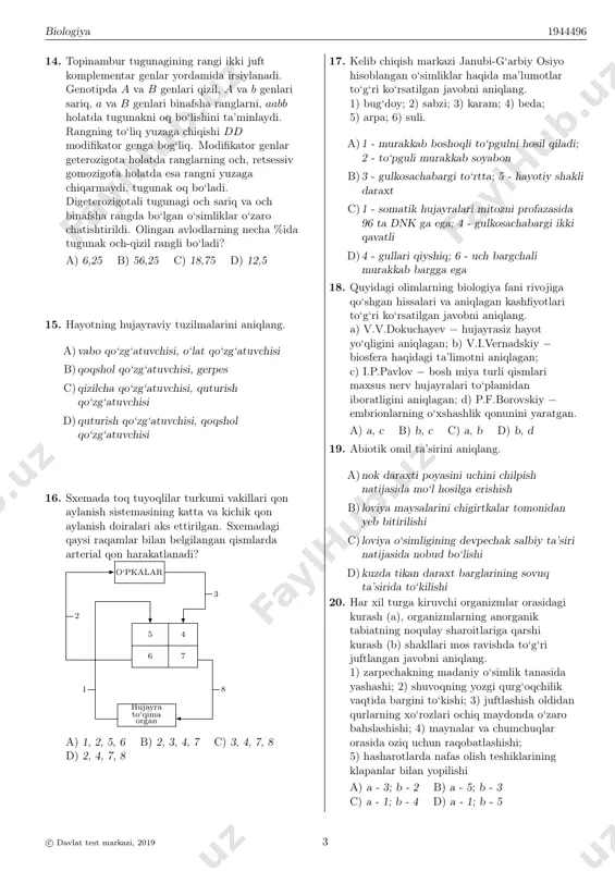 g parazit yashashga moslashgan vakillaridan so‘rg‘ichlilar hamda tasmasimon chuvalchanglarning kelib chiqishi (a), yettisoy, murg‘ob, xiva qirg‘ovul kenja turlarining paydo bo‘lishi (b), xaltali krot va oddiy krot tashqi qiyofasining o‘zaro o‘xshashligi (c) qaysi biologik hodisalarni aks ettiradi? a)a - mikroevolutsiya; b - makroevolutsiya; s - divergensiya b)a - mikroevolutsiya; b - divergensiya; s - makroevolutsiya c)a - divergensiya; b - makroevolutsiya; s - konvergensiya d)a - makroevolutsiya; b - mikroevolutsiya; s - konvergensiya 13. zuhrasochning gametofiti . . . (a), funariyaning sporofiti . . . (b), sershox qirqbo‘g‘imning sporofiti . . . (c). nuqtalar o‘rnini to‘g‘ri ma’lumotlar bilan to‘ldiring. 1) ildizpoyaga ega; 2) barglari patsimon qirqilgan; 3) sporalardan rivojlanadi; 4) poya-bargli o‘simlik; 5) arxegoniy hosil qiladi; 6) sporali ko‘sakchaga ega; 7) zigotadan rivojlanadi; 8) spermatozoidlar hosil qiladi; 9) zigota hosil qiladi; 10) spora hosil qiladi. a)a - 5, 9; b - 4, 10; c - 1, 3 b)a - 3, 5; …