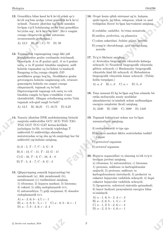lang. o‘simlik qo‘ng‘iz sichqon 1 2o‘rgimchak kaltakesak lochin 3 4 ilon kobratuvaloq tulki mangust arslon a)1 - qoraqurt; 2 - chigirtka; 3 - zubr; 4 - baqa b)1 - kolorado qo‘ng‘izi; 2 - chigirtka; 3 - jirafa; 4 - los c)1 - sariq chayon; 2 - chigirtka; 3 - tulki; 4 - baqa d)1 - erkak chivin; 2 - chigirtka; 3 - laylak; 4 - baqa 11. har xil turga kiruvchi organizmlar orasidagi kurash (a), organizmlarning anorganik tabiatning noqulay sharoitlariga qarshi kurash (b) shakllari mos ravishda to‘g‘ri juftlangan javobni aniqlang. 1) zarpechakning madaniy o‘simlik tanasida yashashi; 2) shuvoqning yozgi qurg‘oqchilik vaqtida bargini to‘kishi; 3) juftlashish oldidan qurlarning xo‘rozlari ochiq maydonda o‘zaro bahslashishi; 4) maynalar va chumchuqlar orasida oziq uchun raqobatlashishi; 5) hasharotlarda nafas olish teshiklarining klapanlar bilan yopilishi a) a - 1; b - 4 b) a - 3; b - 2 c) a - 1; b - 5 d) …