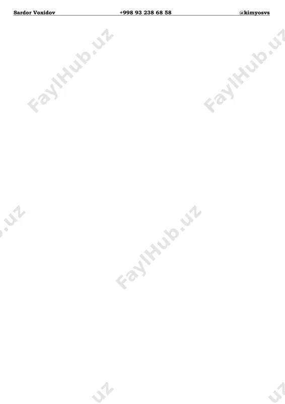 22. quyidagilardan qaysi bir asos suvda erimaydi? a) mg(oh)2 b) lioh c) naoh d) ba(oh)2 23. na11 23 ga izoton, n−3 ga izoelektron bo`lgan(lar)ini toping. 1. mg2+12 24 2. ne10 22 3. o2−8 17 a) 1 b) 2 c) 1, 2 d) 2, 3 24. “energiyalari teng bo’lgan satxlarda elekronlar shunday joylashadiki , natijada ularning spinlar yig’indisi maksimalga intiladi” yuqoridagi jumlalar qaysi qoida yoki prinsipga asoslanadi? a) hund b) klechkovskiy (1) c) pauli d) klechkovskiy (2) sardor voxidov +998 93 238 68 58 @kimyosvs 25. miqdori m/m=1/2 teng bo’lgan gaz (546 k,101,325 kpa) da qanday hajimni (litr) egallaydi. a) 33,6 b) 11.2 c) 28 d) 22,4 26. quyidagi reaksiya sxemalaridan foydalanib , d modda uchun xos bo’lgan javobni toping. a + hcl → b + c b + koh → d + e d + koh → k[al(oh)4] c + o2 → h2o a) tuzlar sinfiga kiradi b) suvda yaxshi …