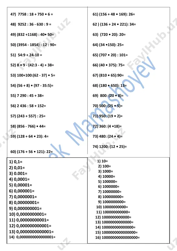 minutda tashiydigan donni nechta chumoli 1 soatda tashiydi? a)16 b)10 c)8 d)6 16. 7 ta chumoli 50 min da tashiydigan donni nechta chumoli 70 min da tshiydi? a)12 b)10 c)4 d)5 17. 4 ta chumoli 1 soatda tashiydigan donni 3 ta chumoli qancha vaqtda tashiydi? a)1920 sek b)45 min c)1 soat 20 min d)2700 sek 18. 100 km/soat tezlikda nexia 3 soatda bosib o’tgan yo’lni 60 km/soat tezlikda damas qancha soatda bosib o’tadi? a)3 b)4 c)5 d)6 19. 90 km/soat tezlikda nexia 4 soatda bosib o’tgan yo’lni 60 km/soat tezlikda matiz qancha soatda bosib o’tadi? a)6 b)8 c)5.6 d)6.4 20. 120 km/soat tezlikda kaptiva 4 soatda bosib o’tadigan yo’lni 60 km/soat tezlik bilan spark qancha soatdan bosib o’tadi? a)6 b)7 c)8 d)5 21. spark 100 km yo’lni bosib o’tishi uchun 7.5 litr benzin sarflaydi. 350 km yo’lni bosib o’tishi uchun 105 000 so’mlik benzin sarflasa, benzinning narxi qanchaligini toping? a)4000 …