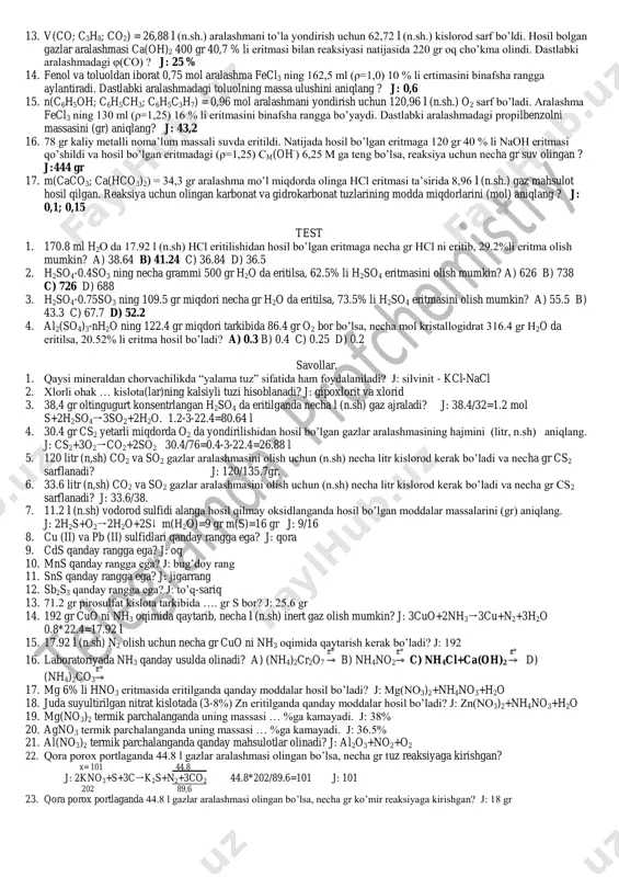 m li 600 ml na3po4 eritmasi bilan qoldiqsiz reaksiyaga kirishadigan 5 m li cacl2 eritmasining hajmini (ml) aniqlang ? j: 0,15 x=0,225 2na3po4+3cacl2→ca3(po4)2↓+6nacl 2 3 4. 0,75 m li 800 ml cacl2 eritmasi bilan qoldiqsiz reaksiyaga kirishadigan 0,25 m li na3po4 eritmasining hajmini (ml) aniqlang ? j: x=0,4 0,6 2na3po4+3cacl2→ca3(po4)2↓+6nacl 2 3 5. 800 gr 56 % li koh eritmasiga (ρ=1,6) 400 gr (ρ=0,8) 16 % li naoh eritmasi qo‟shildi. hosil bo‟lgan eritmadagi cm(oh – ) - ? j: 9,6 m (mol/l) 6. h2 va o2 dan iborat 35 gr aralashma portlatilgandan so‟ng qaysi gazdan necha ml (n.sh.) ortib qoladi. aralashmadagi φ(o2)=75% 8 x=16 j: 2h2 + o2 → 2h2o 24x+0,5x=784 2 1 x=32 0,75·32=24l (o2) 0,25·32=8l (h2) 24 – 16 = 8 l (8000ml) o2 ortadi 7. 50 gr tuproq namunasida 15,12 gr zn(no3)2 va 12 gr nh4no3 borligi aniqlandi. shu tuproqni neytrallash uchun 32 % li naoh eritmasidan …