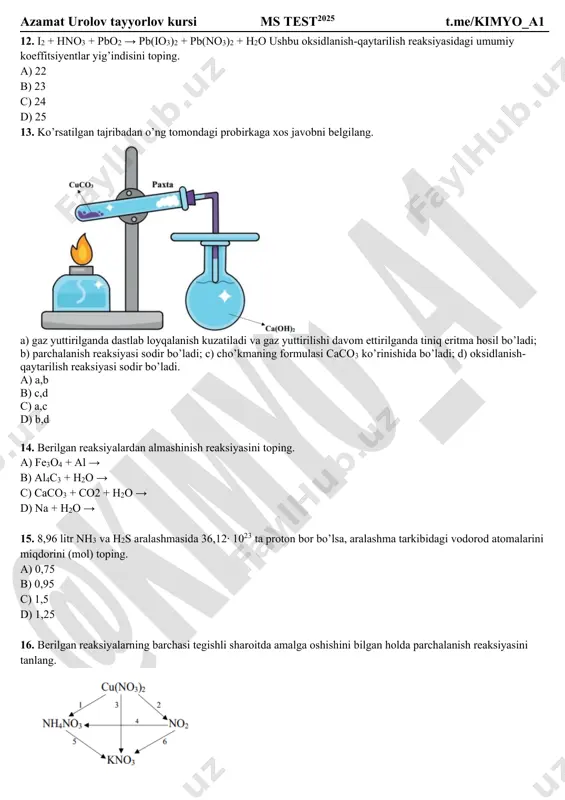 a gazning suvdagi eritmasi kislota deyiladi. shu kislota bilan 43,5 g meo2 (oksid tarkibidagi metallning ekvivalenti 13,75 ga teng) reaksiyaga kirishganda necha litr (n.sh.) gaz hosil bo’ladi. a) 89,6 b) 33,6 c) 22,4 d) 11,2 18. glukoza mo‘l miqdordagi qaysi to‘yingan bir asosli karbon kislota ta’sirlashib, bitta molekulasida jami 49 ta atom saqlaydigan murakkab efir hosil qiladi? a) chumoli kislota b) sirka kislota c) propan kislota d) moy kislota 19. 12,4 g qizil rangli a kukunsimon metallmas havoda yondirilganda oq kristall b modda hosil bo’ldi. b modda 471,6 g qaynoq suvda eritilganda, c modda hosil bo’ldi. c modda tutgan oxirgi eritmaning 50 grammi bilan necha g so’ndirilgan ohak reaksiyaga kirishib o’rta tuz hosil qiladi. (c modda eritmasi natriy gidroksid bilan to’liq ishlanganda hosil bo’lgan tuzga kumush nitrat ta’sir ettirilganda sariq rangli cho’kma ajraladi) a) 2,22 b) 4,44 c) 6,66 d) 8,88 20. qaysi reaksiya turida uglerod zanjirinig uzayishi kuzatiladi? a) …