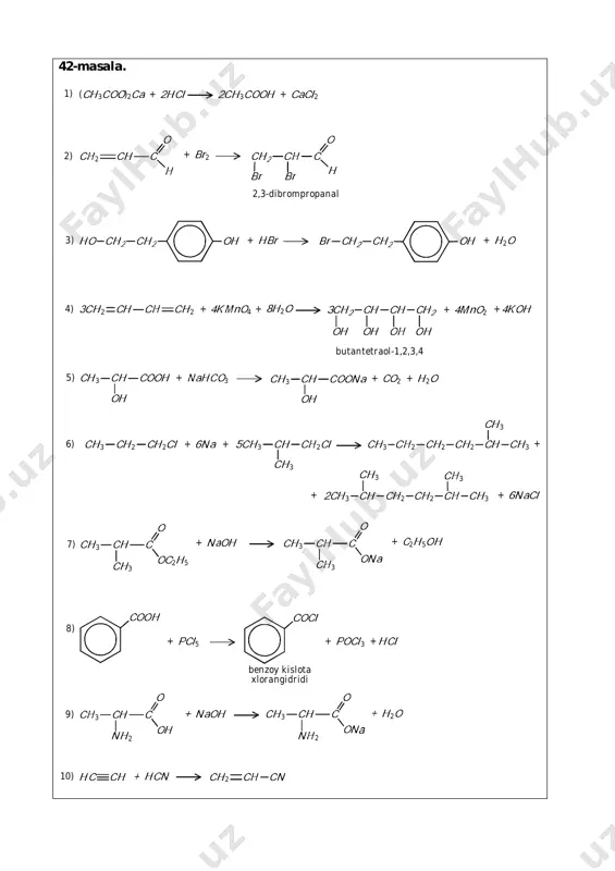 berilganda gazlar aralashmasi hosil bo‘lgan, demak qoldiq tarkibida ortgan aluminiy ham bo‘lgan. 2al + 6hcl → 2alcl3 + 3h2 (2) al2s3 + 6hcl → 2alcl3 + 3h2s (3) gazlar aralashmasining o‘rtacha molar massasi mo‘rt = 18 g/mol dan gazlarning hajmiy ulushini aniqlaymiz. h2 hajmiy ulushini x, h2s hajmiy ulushini esa 1‒x deb olsak, mo‘rt = m1 ∙ φ1 + m2 ∙ φ2 formuladan quyidagini hosil qilamiz. 18 = 2 ∙ x + 34(1‒x) bundan x = 0,5. demak gazlarning hajmiy ulushlari o‘zaro teng ekan. gazlar bir qismi xlorli suv orqali o‘tkazilganda h2s reaksiyaga kirishadi. bunda yutilgan h2s miqdorini x mol deb olamiz va unga ko‘ra boshqa birikmalar mollarini topamiz. hosil bo‘lgan eritmaga kumush nitrat qo‘shilganda quyidagi ion almashinish reaksiyasi sodir bo‘ladi. ushbu reaksiya tenglamalaridan cho‘kmalarning mollarini topib olamiz. m(ag2so4) = 312x g m(agcl) = 143,5 ∙ 8x = 1148x g cho‘kma massasidan foydlanib, x ning qiymatini topamiz: 312x + 1148x …