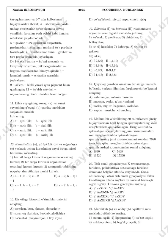 agi rasmda odam ko‘rish analizatorining tuzilishi tasvirlangan. ko‘zning tarkibiy qismlari va ularga xos xususiyatlar to‘g‘ri ko‘rsatilgan javobni aniqlang. a) 3 − kamalak parda − albinos odamlarda qizil rangdagi pigmentlar joylashgan; 5 − gavhar − qorachiq orqasida joylashgan; 2 − kiprik muskullar − ular yordamida ko‘z gavhari ko‘z kosasi va kamalak pardaga yopishib turadi; 9 − sklera − ko‘zga tushgan yorug‘likni yutib, tasvirni aniqlashtirib beradi b) 8 − kiprikli tana − tomirli pardaning shox pardadan keyingi qismida hosil bo‘lgan; 10 − tomirli parda − ichki yuzasi qora pigment bilan qoplangan; 12 − sariq dog‘ − faqat tayoqchasimon hujayralardan iborat o‘rta qismi aniq ko‘rish markazi hisoblanadi; 14 − ko‘r dog‘ − bu yerda reseptorlar bo‘lmaydi c) 11 − to‘r parda − 110-125 mln nurlan ikromovich 2025 @coursera_nurlanbek tayoqchasimon va 6-7 mln kolbasimon hujayralardan iborat; 4 − shoxsimon parda − undagi reseptorlar qo‘zg‘alganida qovoq yumilishi, ko‘zdan yosh oqishi kabi himoya reflekslari paydo bo‘ladi; …