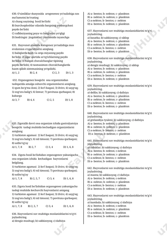 megaliya; b-akseleratsiya c)a-akseleratsiya; b-akkomodatsiya d)a- akromegaliya; b-adaptatsiya 619. odamda ko‘z gavhari o‘z egikligini o‘zgartirishi (a), katta yoshdagi odamda somototropning meyoridan ortiqcha ishlab chiqarilishi (b) qanday ataladi? a)a-adaptatsiya; b-ateroskleroz b)a-akkomodatsiya; b-akromegaliya c)a-akseleratsiya; b-akkomodatsiya d)a-akseleratsiya; b-adaptatsiya 620. gen mutatsiyasi (1), bir hududda yashovchi turli populatsiyalarning o‘zaro munosabati (2) tiriklikning qaysi tuzilish darajasida sodir bo‘ladi? a)1 - molekula; 2 - populyatsiya b)1 - populyatsiya; 2 - molekula c) 1 - organizm; 2 - populyatsiya d)1 - molekula; 2 – biogeotsenoz 621. ko‘ krak umurtqalari qovurg’alar bilan taminlanmagan organizmlarni aniqlang 1) triton; 2) ot; 3) sayg‘oq; 4) emu; 5) kvaksha; 6) salamandra a) 1, 3, 5 b) 1, 5, 6 c) 2, 3, 4 d) 2, 4, 6 622. tosh suyagi qovurg’alar bilan taminlanmagan hayvonlarni ko’rsating 1) triton; 2) ot; 3) sayg‘oq; 4) emu; 5) kvaksha; 6) salamandra a) 1, 3, 5 b) 1, 5, 6 c) 2, 3, 4 d) 2, 4, 6 …