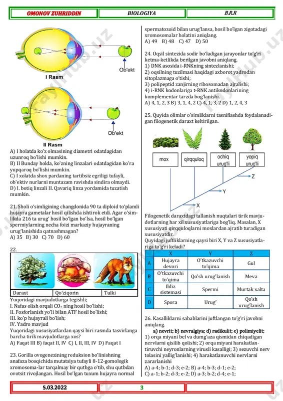  g’o’za c) no’xat  beda  rediska d) pomidor  qovun  g’o’za 17. odamda qon shakarini tartibga solish haqida quyidagi diagramma: ba'zi hodisalar raqamlash orqali ko'rsatilgan. raqamlar bilan ifodalangan hodisalardan 3 – hodisaga hos to’g’ri ma’lumot aniqlang? a) glyukoza molekulalarining glikogen sifatida parchalanishi b) glikogen molekulalarining glyukoza sifatida parchalanishi c) glyukozaning qonga o'tishiga erishilmaydi. d) qon shakarini tartibga solishda jigar gormonlari samarali bo'ldi. 18. nazariy jihatdan dnk molekulasining birinchi zanji- rida nukleotidlar gcc acg tgg tag tgg ggt tcg gat gcc acg tgg gcc acg tgg gcc ketma-ketlikda joylash- gan bo’lib, 1,3,5,7,8,10,12-tripletlardagi hamma nukleo- tid transversiya uchragandan so’ng hosil bo’lgan dnk molekulasida vodorod bog’lar soni o’zgarmadi. shu dnk molekulasiga xos malumot berilgan javobni aniqlang. a) 𝑨+𝑮 𝑼+𝑪 = 𝟏 b) 𝑮+𝑻 𝑪+𝑨 = 𝟏, 𝟓 c) 𝑨+𝑮 𝑻+𝑪 = 𝑮+𝑻 𝑪+𝑨 d) 𝑮+𝑪 𝑻+𝑨 = 𝑨+𝑻 𝑻+𝑮 19. urg’ochi kaptar (2n=80) autosomalarining 16 jufti faqat gomozigota holatdagi genlarga, …