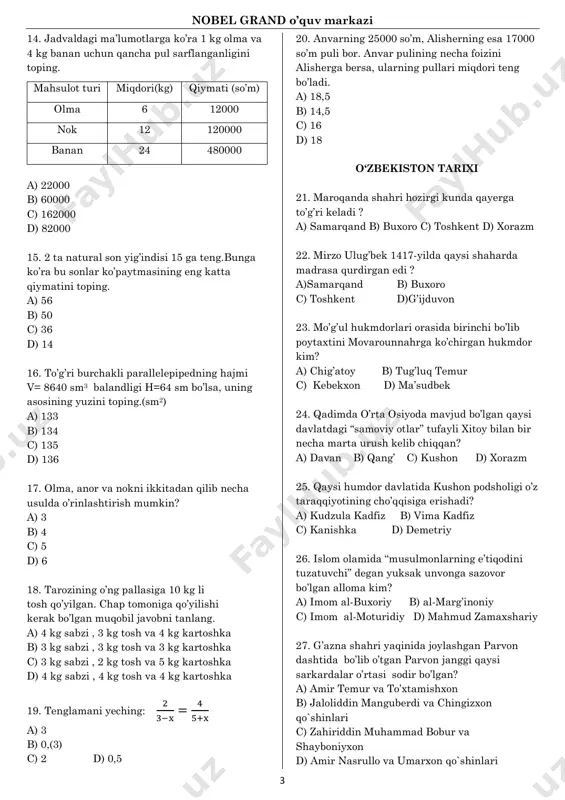 c) toshkent d) xorazm 22. mirzo ulug‟bek 1417-yilda qaysi shaharda madrasa qurdirgan edi ? a)samarqand b) buxoro c) toshkent d)g‟ijduvon 23. mo‟g‟ul hukmdorlari orasida birinchi bo‟lib poytaxtini movarounnahrga ko‟chirgan hukmdor kim? a) chig‟atoy b) tug‟luq temur c) kebekxon d) ma‟sudbek 24. qadimda o‟rta osiyoda mavjud bo‟lgan qaysi davlatdagi “samoviy otlar” tufayli xitoy bilan bir necha marta urush kelib chiqqan? a) davan b) qang‟ c) kushon d) xorazm 25. qaysi humdor davlatida kushon podsholigi o‟z taraqqiyotining cho‟qqisiga erishadi? a) kudzula kadfiz b) vima kadfiz c) kanishka d) demetriy 26. islom olamida “musulmonlarning e‟tiqodini tuzatuvchi” degan yuksak unvonga sazovor bo‟lgan alloma kim? a) imom al-buxoriy b) al-marg‟inoniy c) imom al-moturidiy d) mahmud zamaxshariy 27. g‟azna shahri yaqinida joylashgan parvon dashtida bo‟lib o‟tgan parvon janggi qaysi sarkardalar o‟rtasi sodir bo‟lgan? a) amir temur va to‟xtamishxon b) jaloliddin manguberdi va chingizxon qo`shinlari c) zahiriddin muhammad bobur va shayboniyxon d) amir nasrullo va umarxon qo`shinlari …