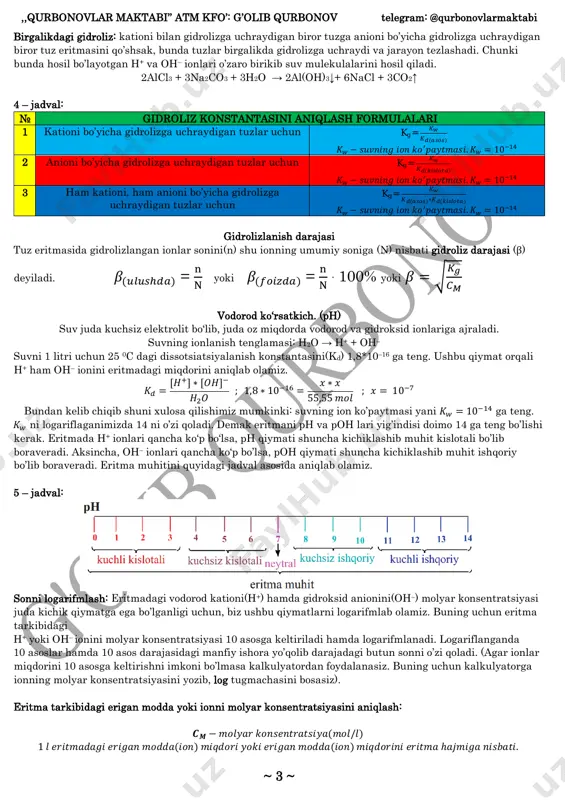 r bo’lmasligiga sabab eritmada hosil bo’lgan 𝑂𝐻− ionlari suvni dissotsiatsiyalanishini to’xtatib qo’yadi. agar eritma suyiltirilsa, harorat oshirilsa yoki hosil bo’lgan 𝑂𝐻−ioni eritmadan chiqarib yuborilsa gidroliz reaksiyasini keying bosqichlari ham amalga oshib, jarayon oxirigacha sodir bo’ladi. ham kationi ham anioni bo’yicha gidrolizga uchraydigan tuzlarning eritmada sodir bo’ladigan reaksiya tenglamalari: 𝐶𝐻3𝐶𝑂𝑂𝑁𝐻4 tuzi suvda eritilganda dastlab ushbu tuz eritmada ionlarga ajraladi hamda eritmada hosil bo’lgan ikkala ion ham h2o molekulalari bilan tasirlashadi: 1 – bosqich: dissotsiatsiyalanish jarayoni: 𝐶𝐻3𝐶𝑂𝑂𝑁𝐻4 ↔ 𝐶𝐻3𝐶𝑂𝑂 − +𝑁𝐻4 + qisqa ionli tenglama: 𝐶𝐻3𝐶𝑂𝑂 − +𝐻2𝑂 ↔ 𝐶𝐻3𝐶𝑂𝑂𝐻 + 𝑂𝐻 − ; 𝑁𝐻4 + +𝐻2𝑂 ↔ 𝑁𝐻4𝑂𝐻 + 𝐻 + to’liq ionli tenglama: 𝐶𝐻3𝐶𝑂𝑂 −+𝑁𝐻4 + +𝐻2𝑂 ↔ 𝐶𝐻3𝐶𝑂𝑂𝐻 + 𝑁𝐻4𝑂𝐻 umumiy molekulyar tenglama: 𝐶𝐻3𝐶𝑂𝑂𝑁𝐻4 +𝐻2𝑂 ↔ 𝐶𝐻3𝐶𝑂𝑂𝐻 +𝑁𝐻4𝑂𝐻 agar gidroliz reaksiyasida cho’kma yoki gaz modda hosil bo’lsa, bunday gidroliz to’la gidroliz deyiladi hamda gidroliz reaksiyasi oxirigacha sodir bo’ladi. 𝐴𝑙2𝑆3 + 6𝐻2𝑂 → 2𝐴𝑙(𝑂𝐻)3 ↓ + 3𝐻2𝑆 ↑ 𝐴𝑙2(𝐶𝑂3)3 + …