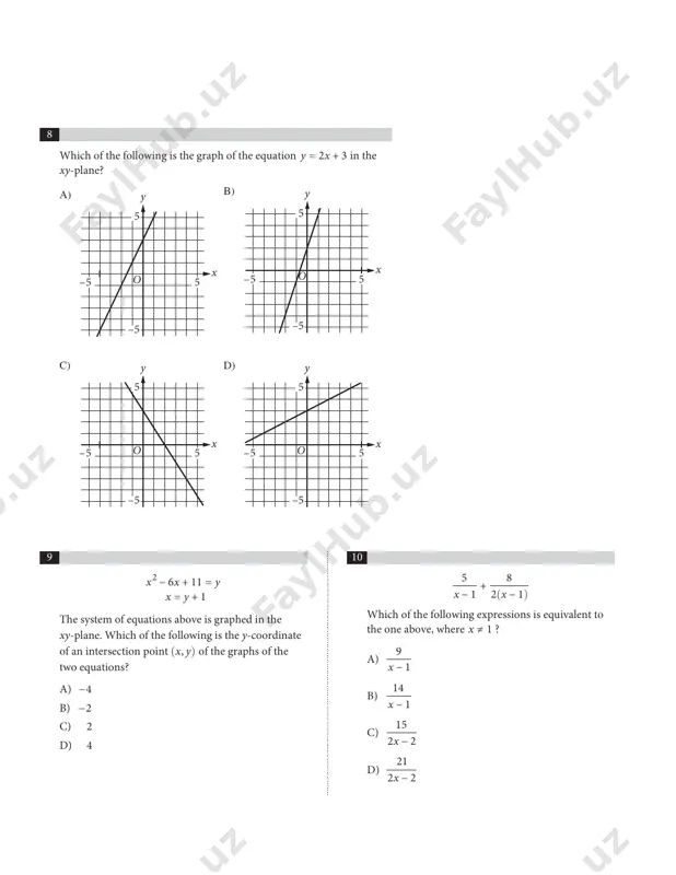 ................................................................................ .................... 60 65 70 75 5 d b a e 115° c note: figure not drawn to scale. in the figure above, bc and ad are parallel, ab and ec are parallel, cd ce= , and the measure of abc∠ is 115°. what is the measure of bcd∠ ? a) 85° b) 115° c) 125° d) 140° 6 p t0.8 = at a store, a coat originally priced at p dollars is on sale for t dollars, and the relationship between p and t is given in the equation above. what is p in terms of t ? a) p t= − 0.8 b) p t= 0.8 c) p t = 0.8 d) p t= 0.8 7 x y x y + 2 = 16 0.5 − = 10 the solution to the system of equations above is x y,( ). what is the value of x ? a) …