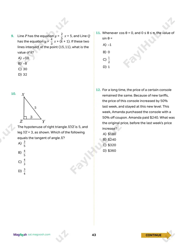 ay start your answers in any column, space permitting. columns you don’t need to use should be left blank. 3 / 1 0 / . 0 1 2 3 write answer in boxes. fraction line decimal point grid in result. 1 . 2 / . 0 1 2 3 answer: answer: 1.2 answer: 230 – either position is correct3 10 2 3 0 / . 0 1 2 3 2 3 0 / . 0 1 2 3 acceptable ways to grid 1 3 are: 1 / 3 / . 0 1 2 3 . 3 3 3 / . 0 1 2 3 https://sat.magoosh.com http://sat.magoosh.com https://magoosh.com 46sat.magoosh.com 3 3 continue 16. luke drives the first 300 miles of a trip at 60 miles per hour. how fast does he have to drive, in miles per hour, on the final 200 miles of the trip if the total time of …