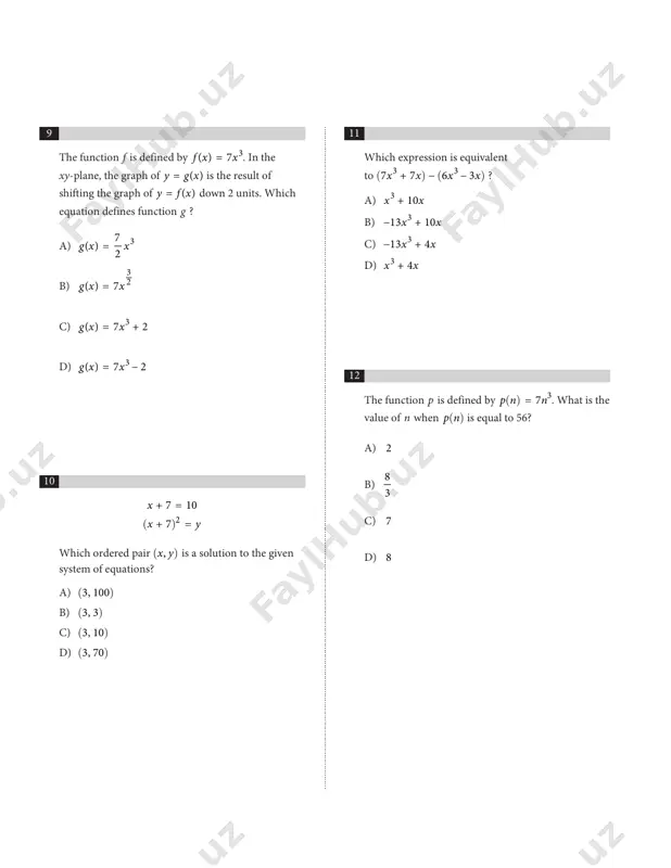 ................................................ a) 70 b) 65 c) 45 d) 95 14 a list of 10 data values is shown. 6, 8, 16, 4, 17, 26, 8, 5, 5, 5 what is the mean of these data? a) 17 b) 13 c) 12 d) 10 17 each year, the value of an investment increases by 0.49% of its value the previous year. which of the following functions best models how the value of the investment changes over time? a) decreasing exponential b) decreasing linear c) increasing exponential d) increasing linear 18 the population of greenville increased by 7% from 2015 to 2016. if the 2016 population is k times the 2015 population, what is the value of k ? a) 0.07 b) 0.7 c) 1.07 d) 1.7 19 which expression is equivalent to a 11 12 , where a > 0 ? a) a 13212 b) a 132144 c) a 132121 d) …